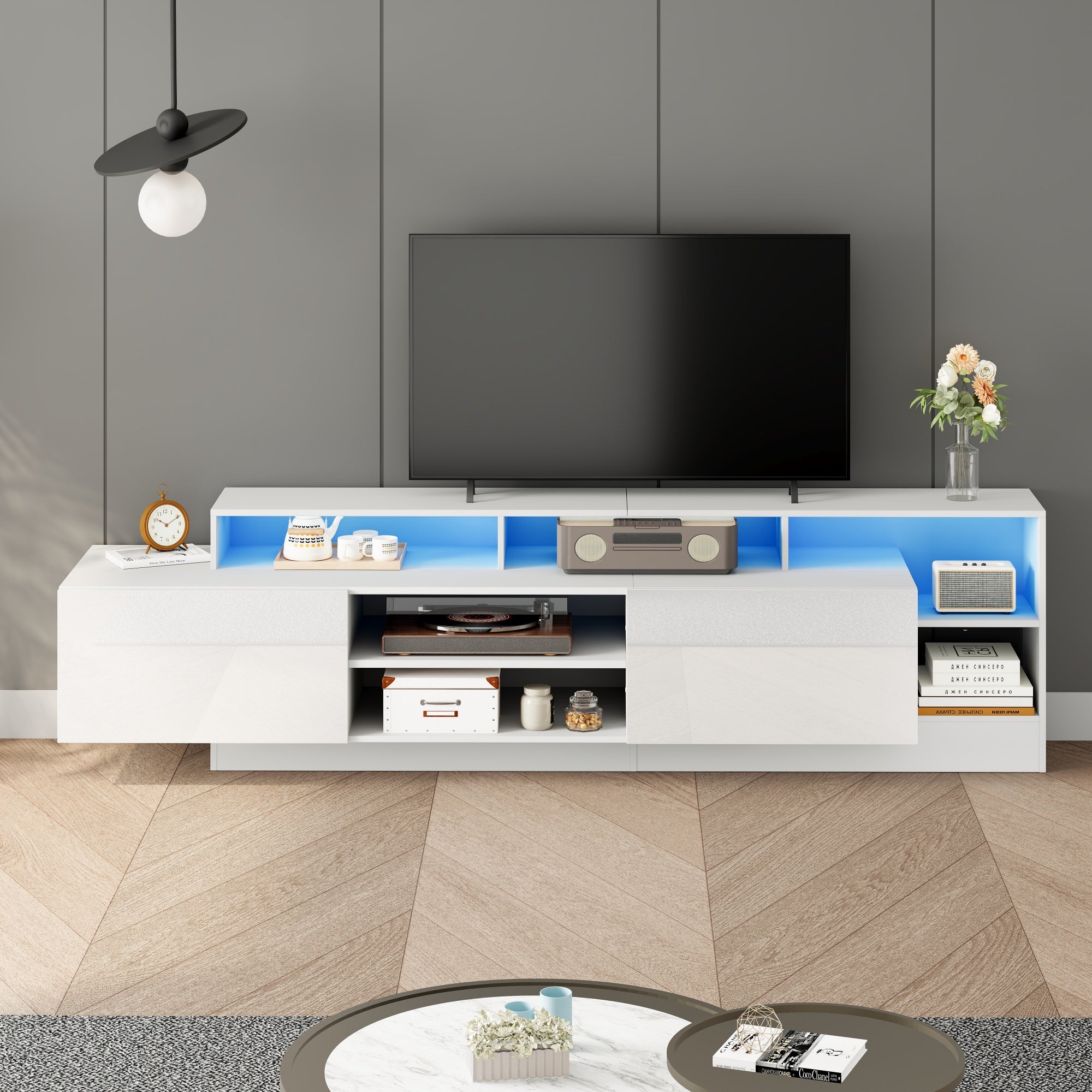Meble pod TV 190x40x48,5 cm - z oświetleniem LED - z 2 frontami odchylanymi - Otwarta przestrzeń do przechowywania - Błyszczące wykończenie - Biały - 3