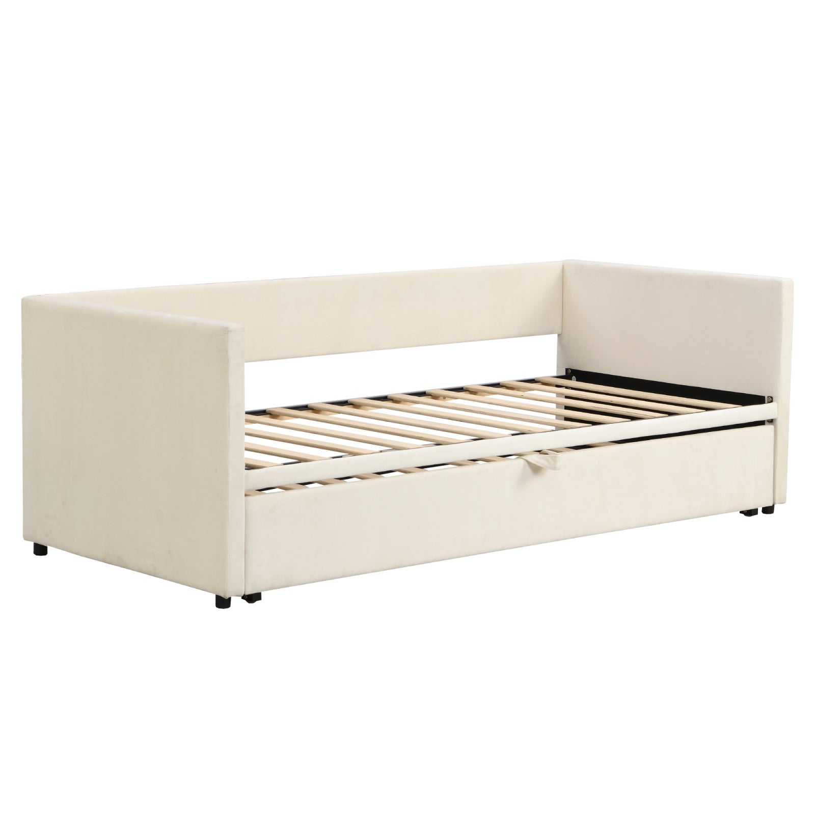Canapé convertible lit 90/180x200 cm, avec lit gigogne, sommier à lattes, structure métallique, revêtement en velours, lit double - Beige - 7
