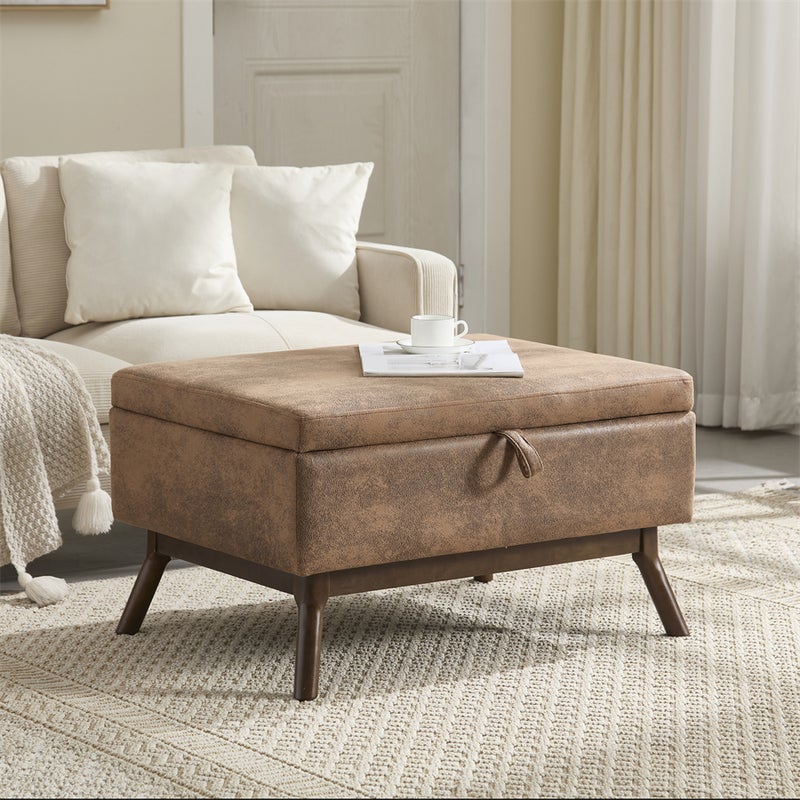 Nowoczesny kwadratowy stolik kawowy Mid-Century, kawa + mikrofibra, ze schowkiem i nogami z litego drewna, wielofunkcyjny do salonu