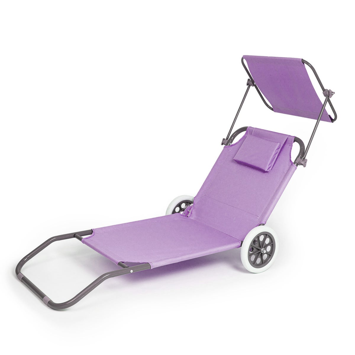 Składany leżak turystyczny plażowy, ogrodowy z daszkiem i kółkami, regulowane oparcie, fioletowy Be-active.pl