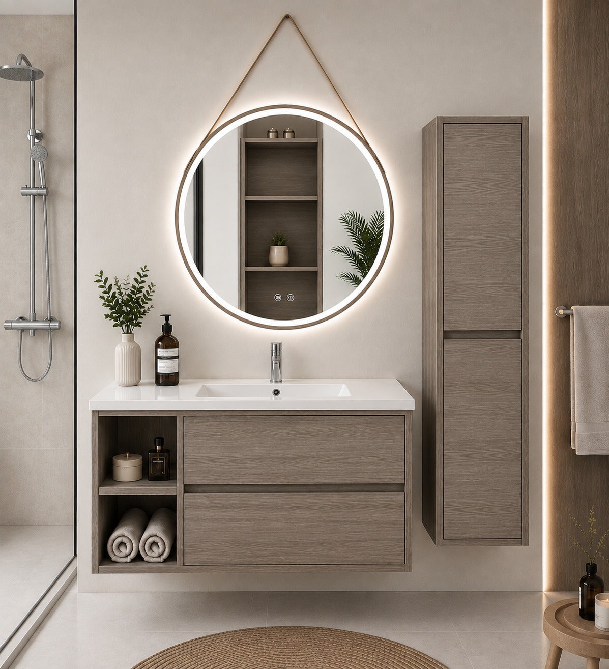 Mobilier de baie cu lavoar ORIGENBATH ZEUS fără oglindă 90x40 cm Stânga stejar smoky cu coloană