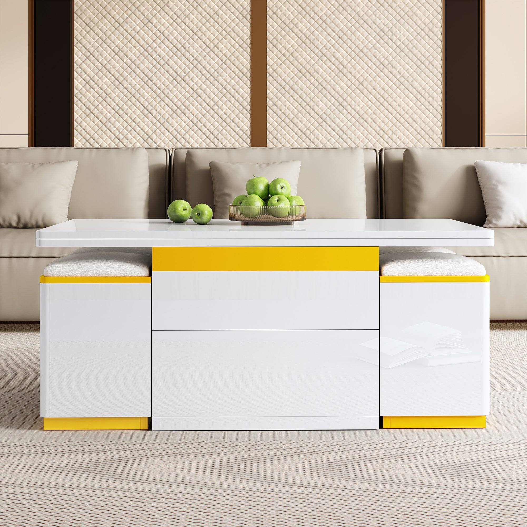 Nowoczesny stolik kawowy z podnoszonym blatem 100 x 50 x 43 cm - z 4 hokerami ze schowkiem - 1 szuflada - wykończenie na wysoki połysk - biały + żółty - 8
