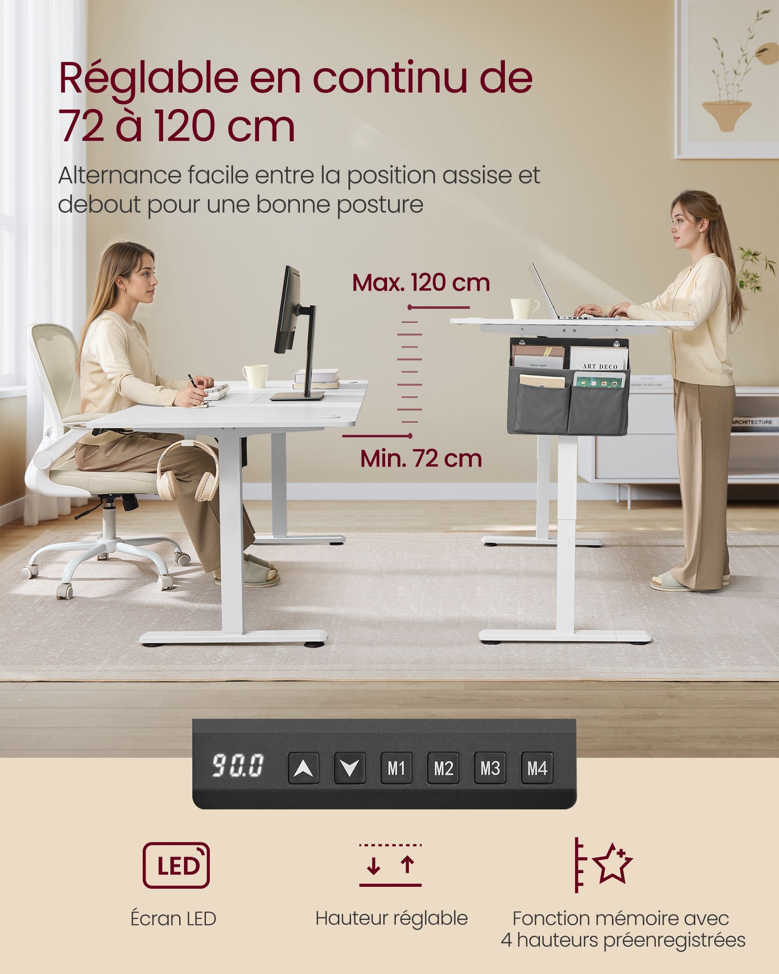 Bureau Électrique Réglable en Hauteur, 180 x 80 cm, Table Assis-debout, Fonction Mémoire 4 Hauteurs, pour Bureau, Télétravail, Blanc Nuage - 5