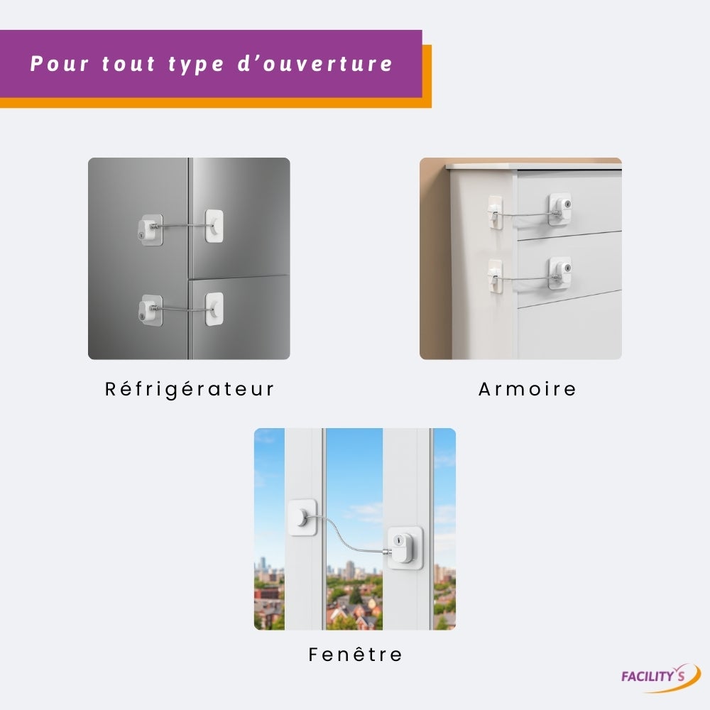 Verrou de sécurité pour enfant - Lot de 2 serrures autocollantes blanches avec clé - Protection portes et tiroirs - 6