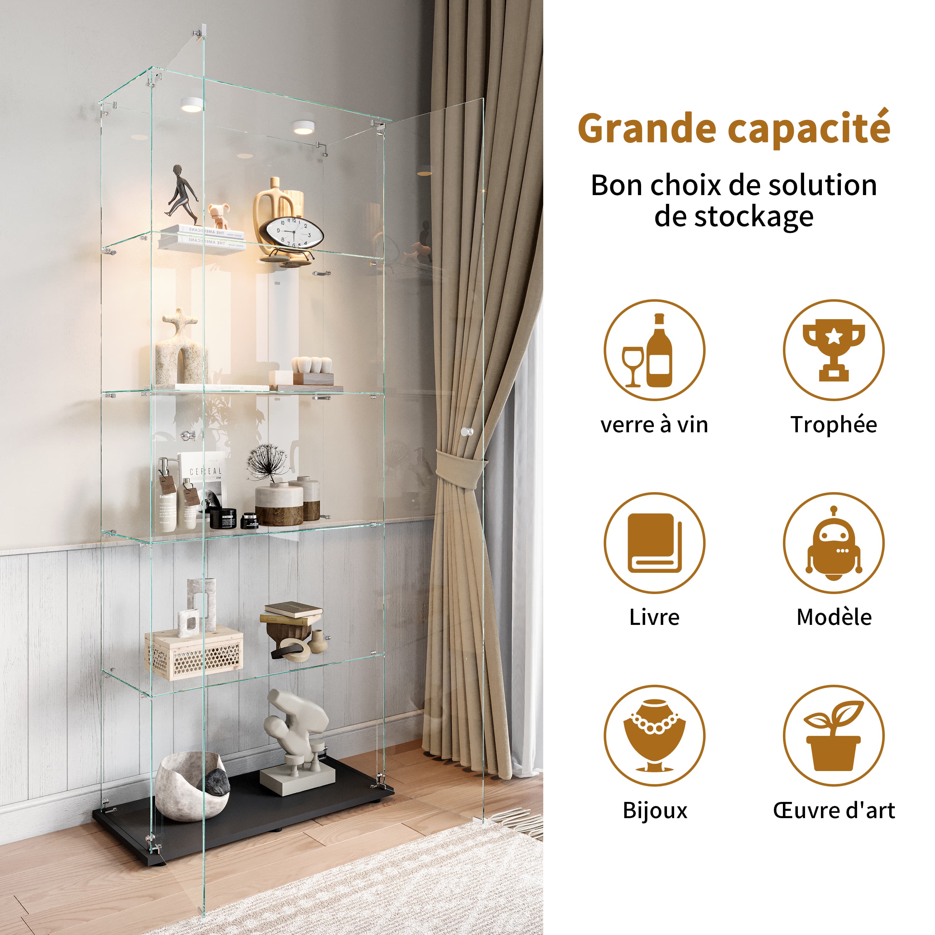 Vitrine à 5 étagères et 2 portes, idéale pour le salon, la chambre ou le bureau. Bibliothèque autoportante en verre blanc. - 8