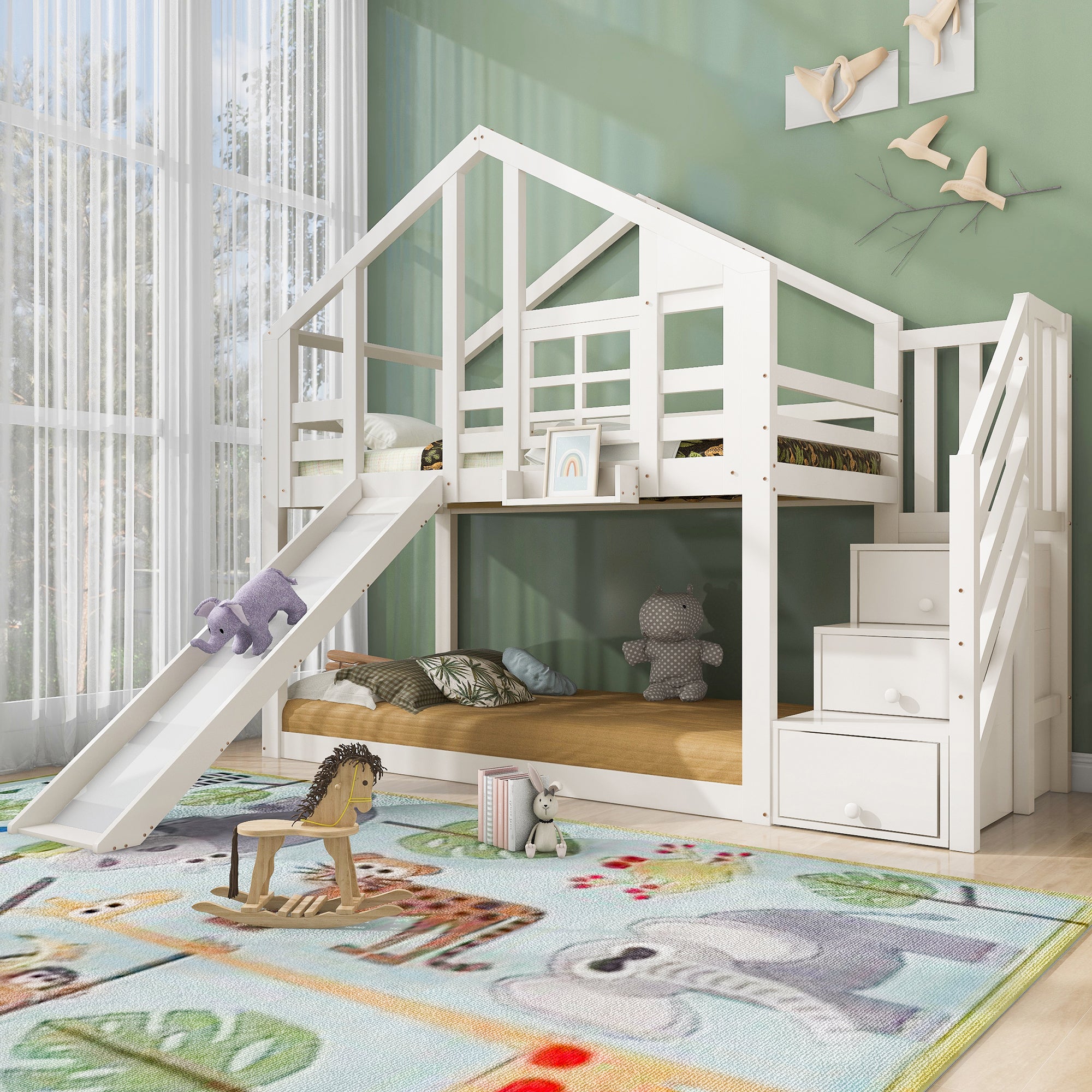Etagenbett Kinder Baumhaus z Rutsche - Białe 90x200 cm, Kiefer-Massivholz+MDF