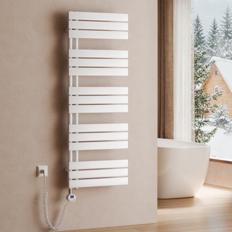 Grzejnik łazienkowy elektryczny WiFi z inteligentnym termostatem – Zdalne sterowanie przez aplikację, montaż na ścianie, biały, 132 × 50 cm, 800 W