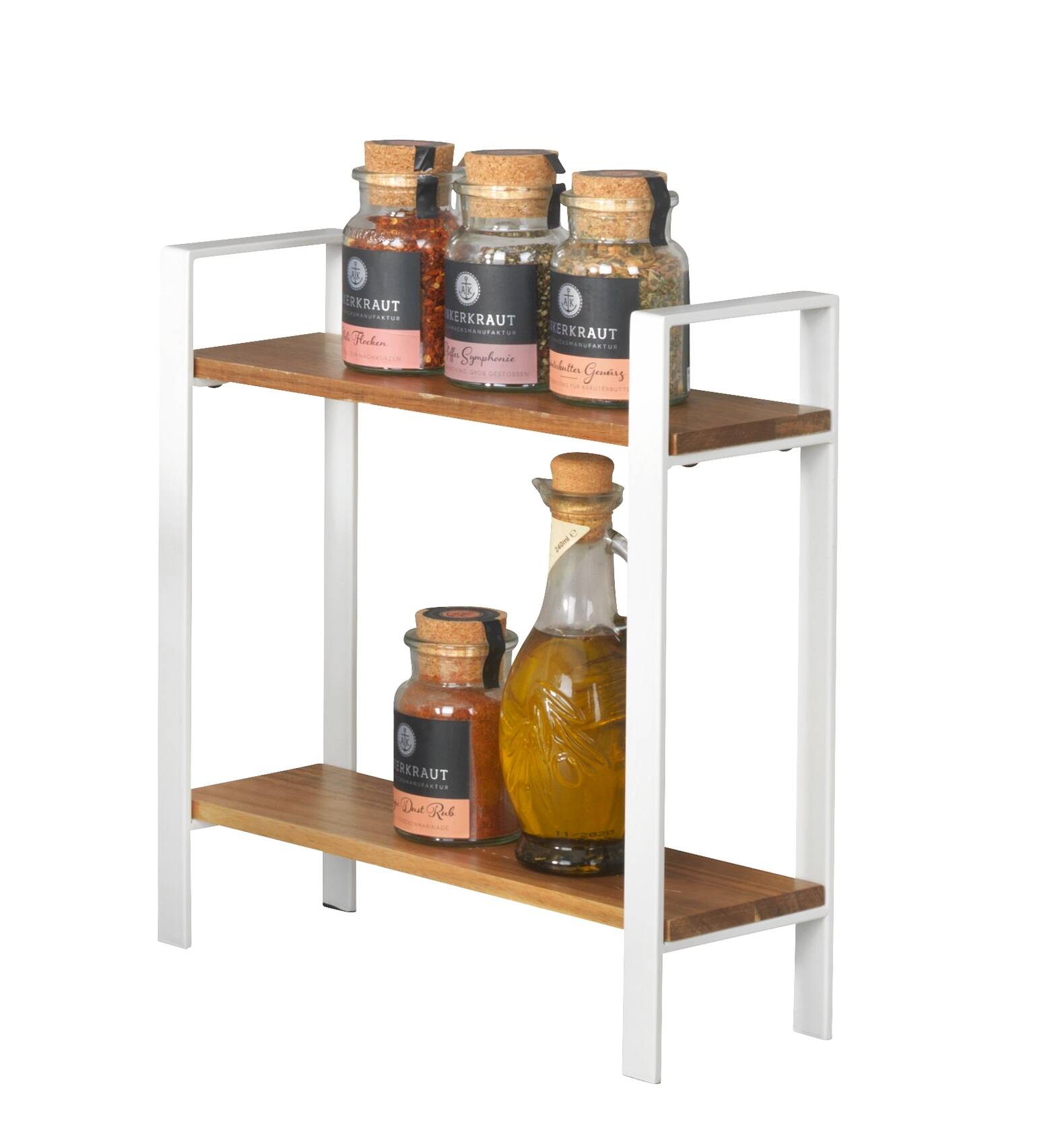 Etagère de Cuisine LOUISA - 2 Niveaux - Rangement épices - Métal Blanc, Bois - 32x33x11cm - 2