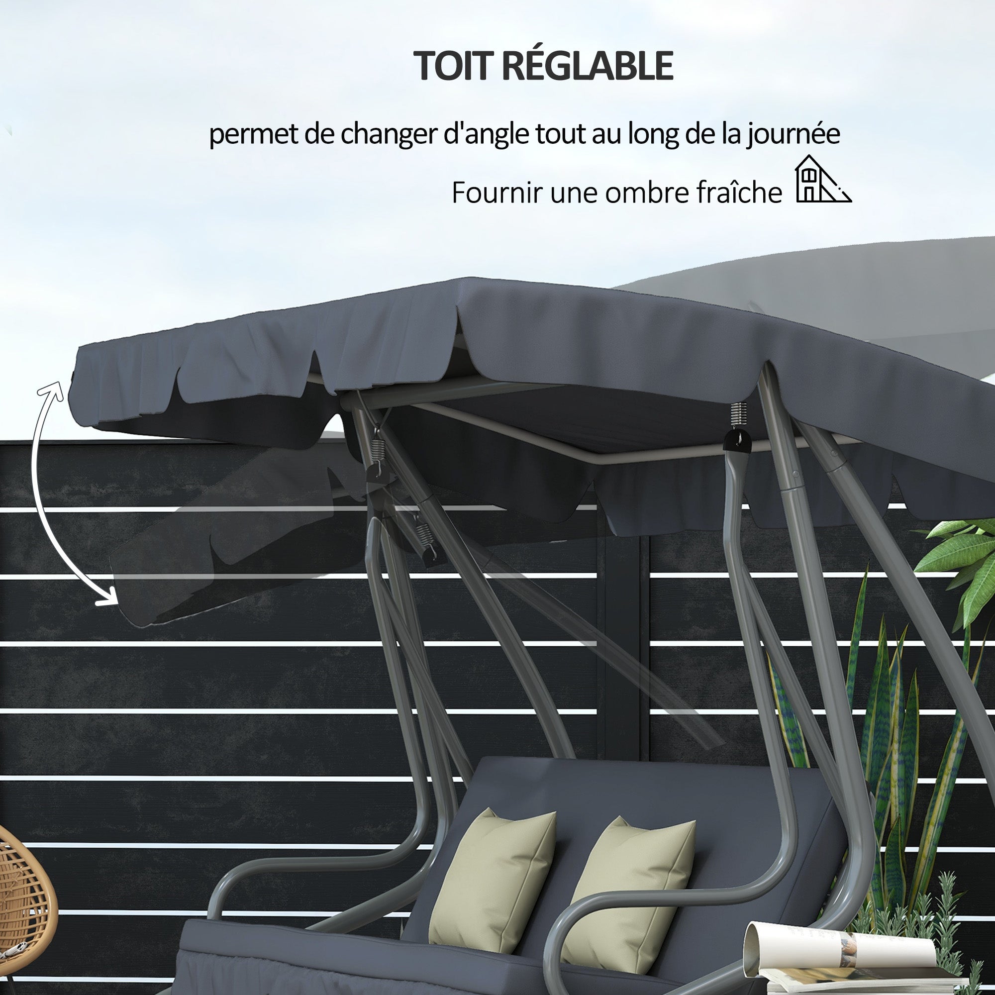 Balancelle de jardin 3 places convertible 2 tablettes coussins gris - 5