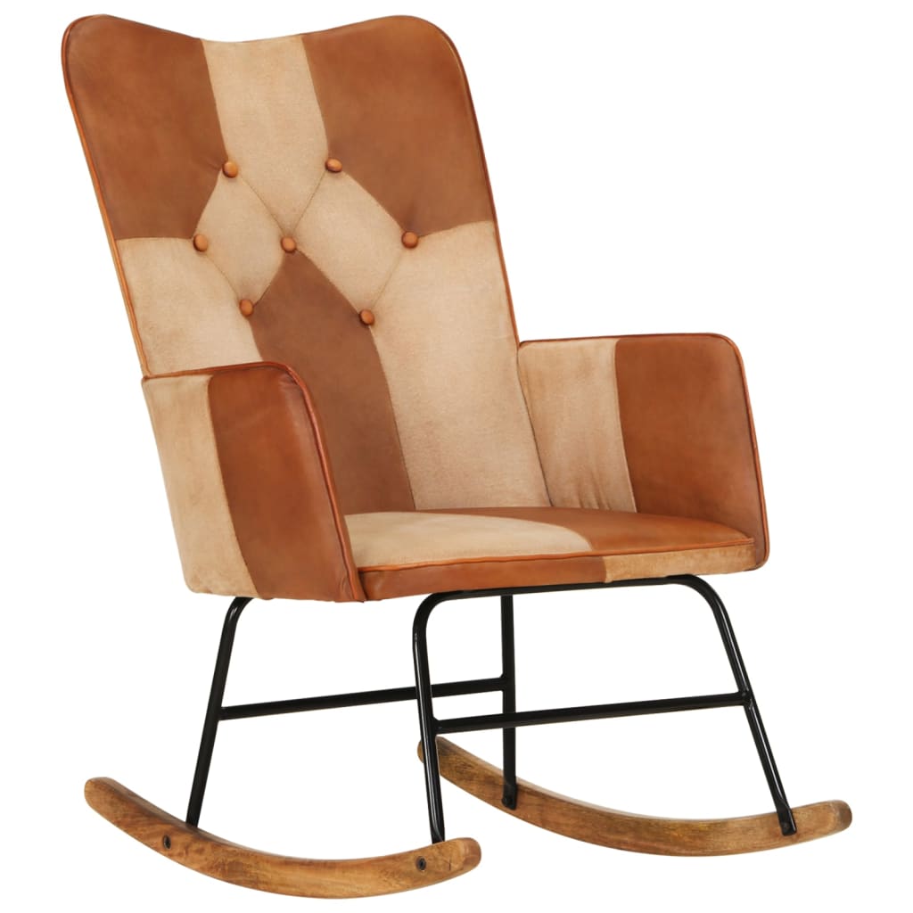 Mecedora | sillón balancín relax | sillón de salón de cuero auténtico y lona marrón cfw234694