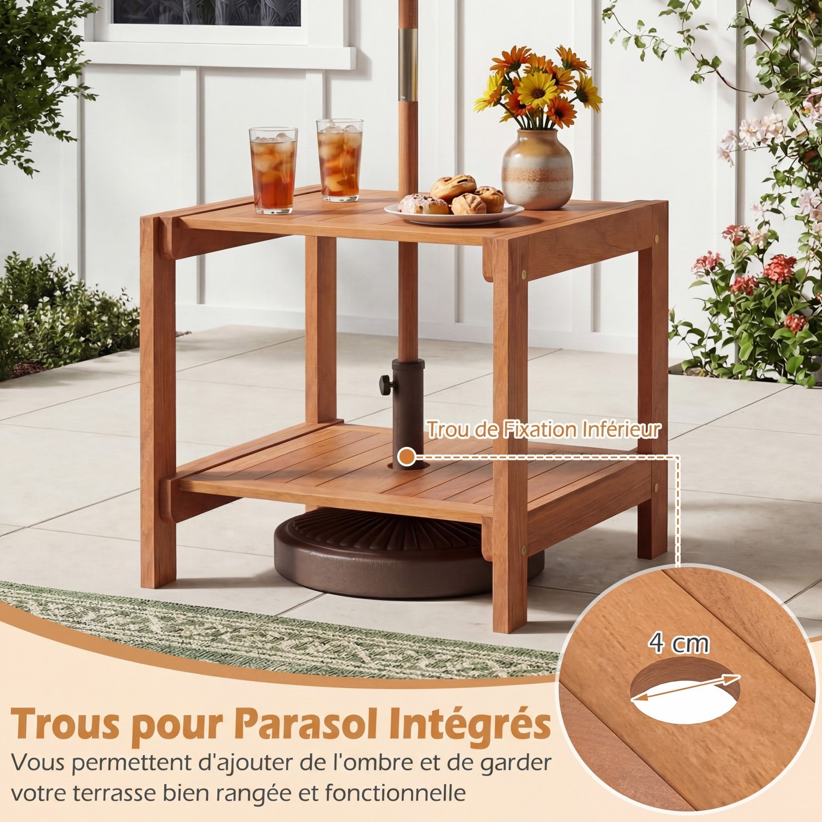 Table Basse Exterieur à 2 Niveaux, Table d’Appoint de Jardin en Bois, avec Trou pour Parasol, Plateau à Lattes, Naturel, 51 x 48 x 45 cm - 4