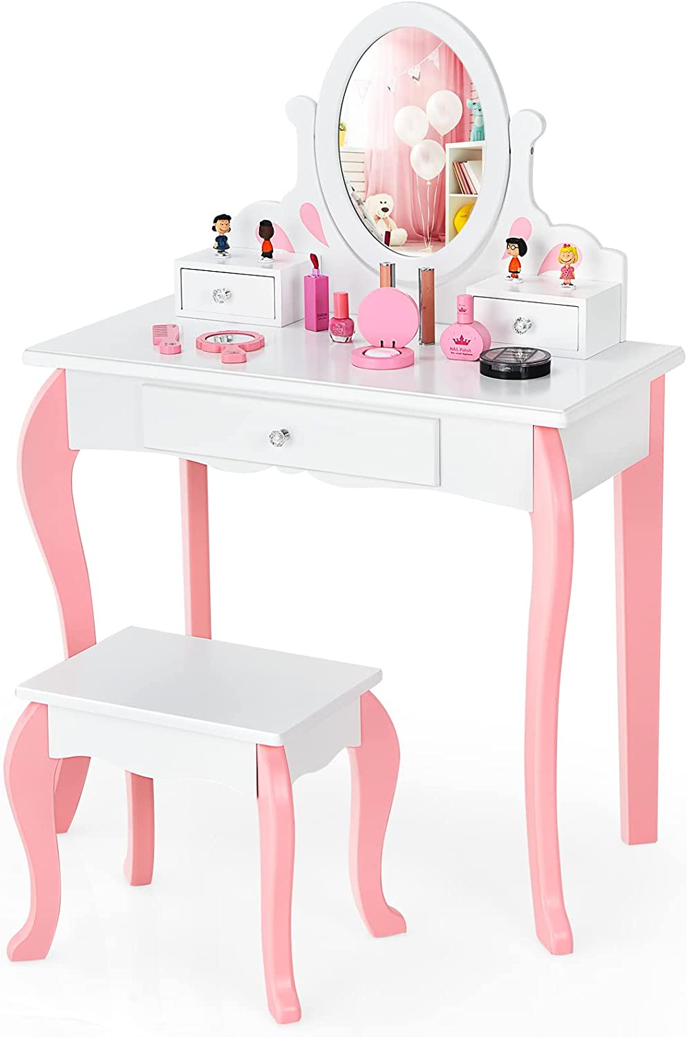Toeletta Per Bambina COSTWAY 2 In 1 - Con Specchio, Sgabello E Cassetto, Legno, Rosa E Bianco, 70x34x101 Cm - Foto 10