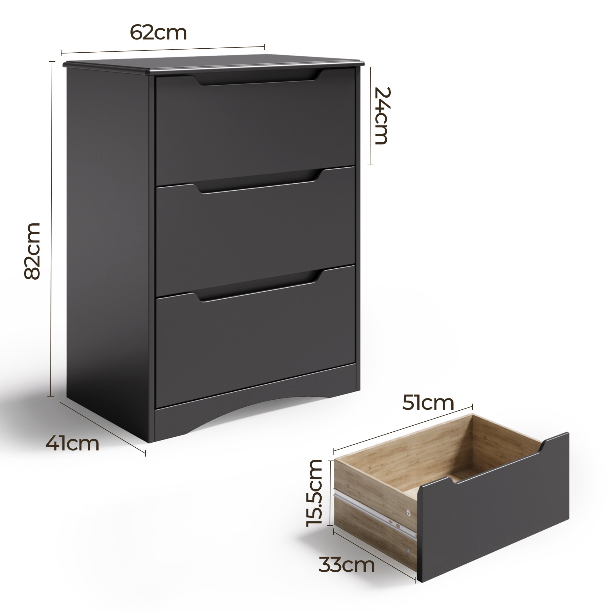 Bealife Cassettiera a 3 cassetti, nera, 62 x 41 x 82 cm - 3