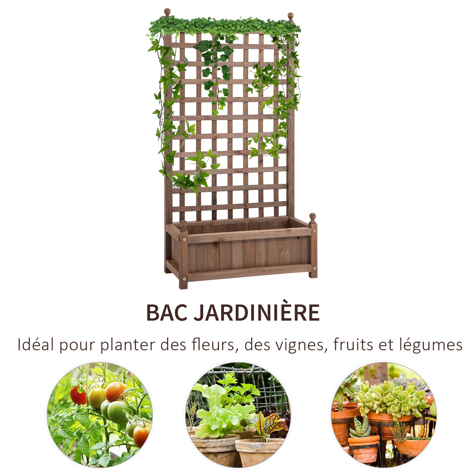 Jardinière avec Treillis - bac à Fleurs - jardinière sur Pied - dim. 64L x 28l x 120H cm Inserts d'irrigation Inclus Bois Sapin traité - 6