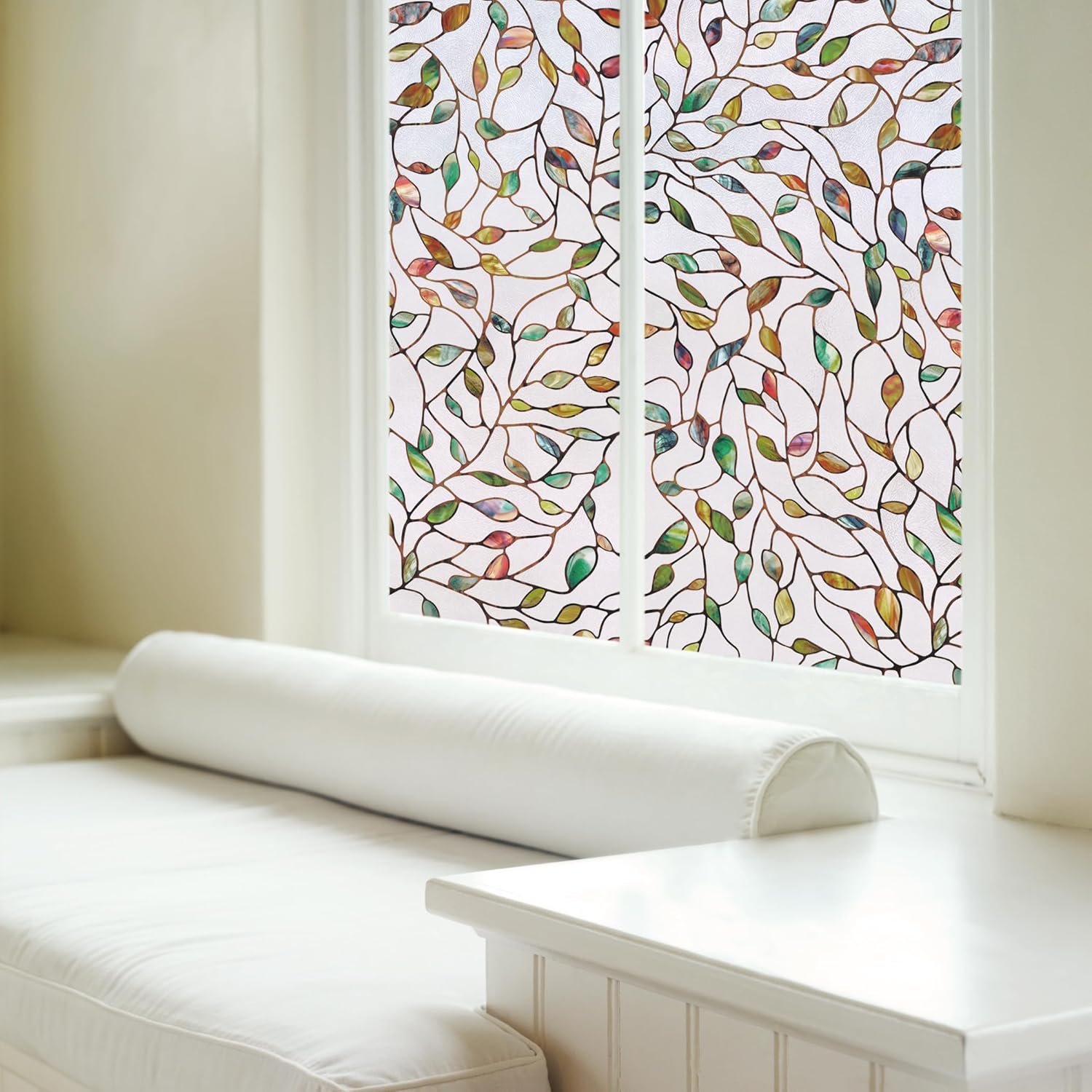 Dekoracyjna folia okienna z nadrukiem liści, przezroczysta/wielokolorowa, 58 cm x 120 cm, nieprzezroczysta i wielokrotnego użytku, chroni przed promi