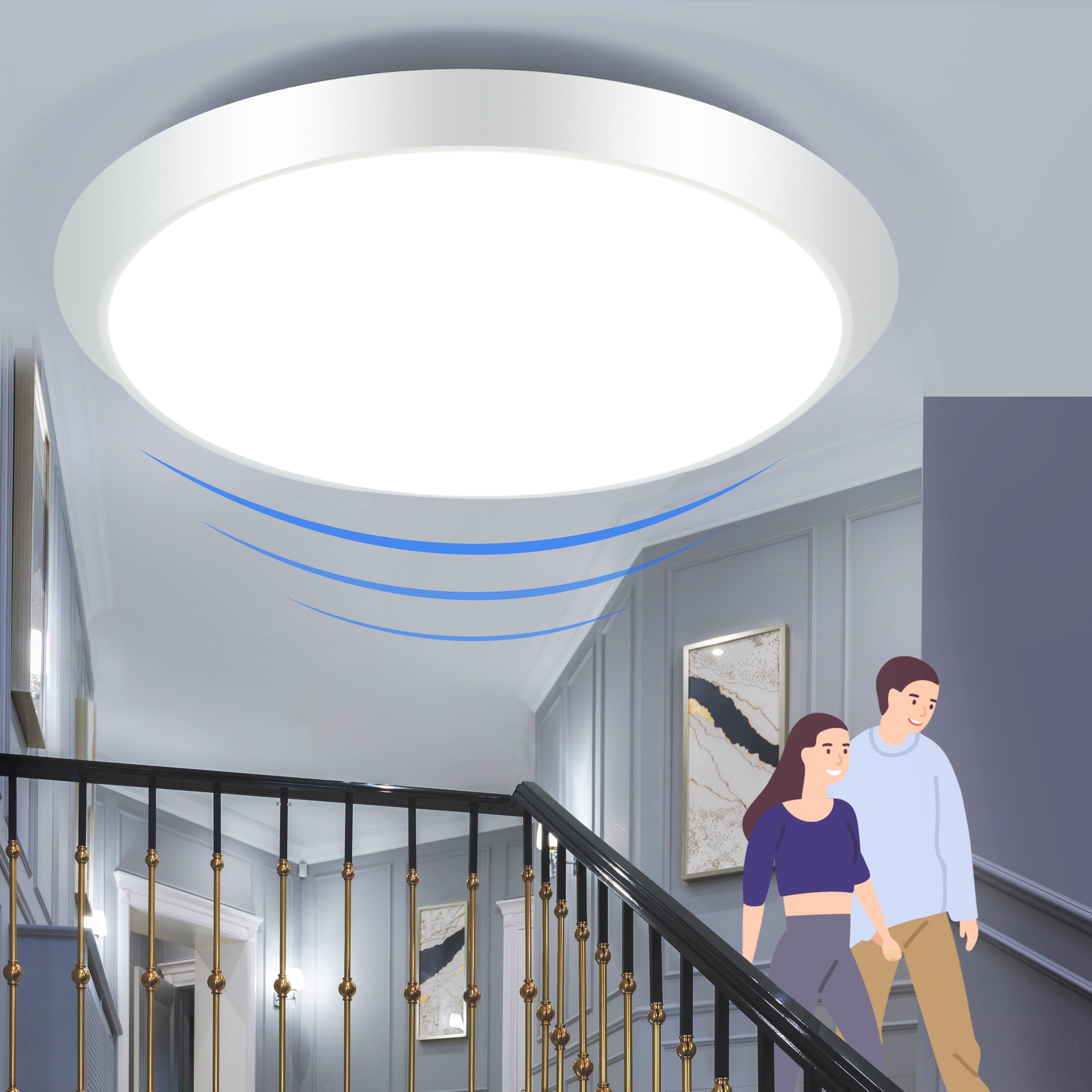 ZMH Lampa sufitowa LED z czujnikiem ruchu, lampa sufitowa do wnętrz, 15 W, światło w korytarzu, 4000 K