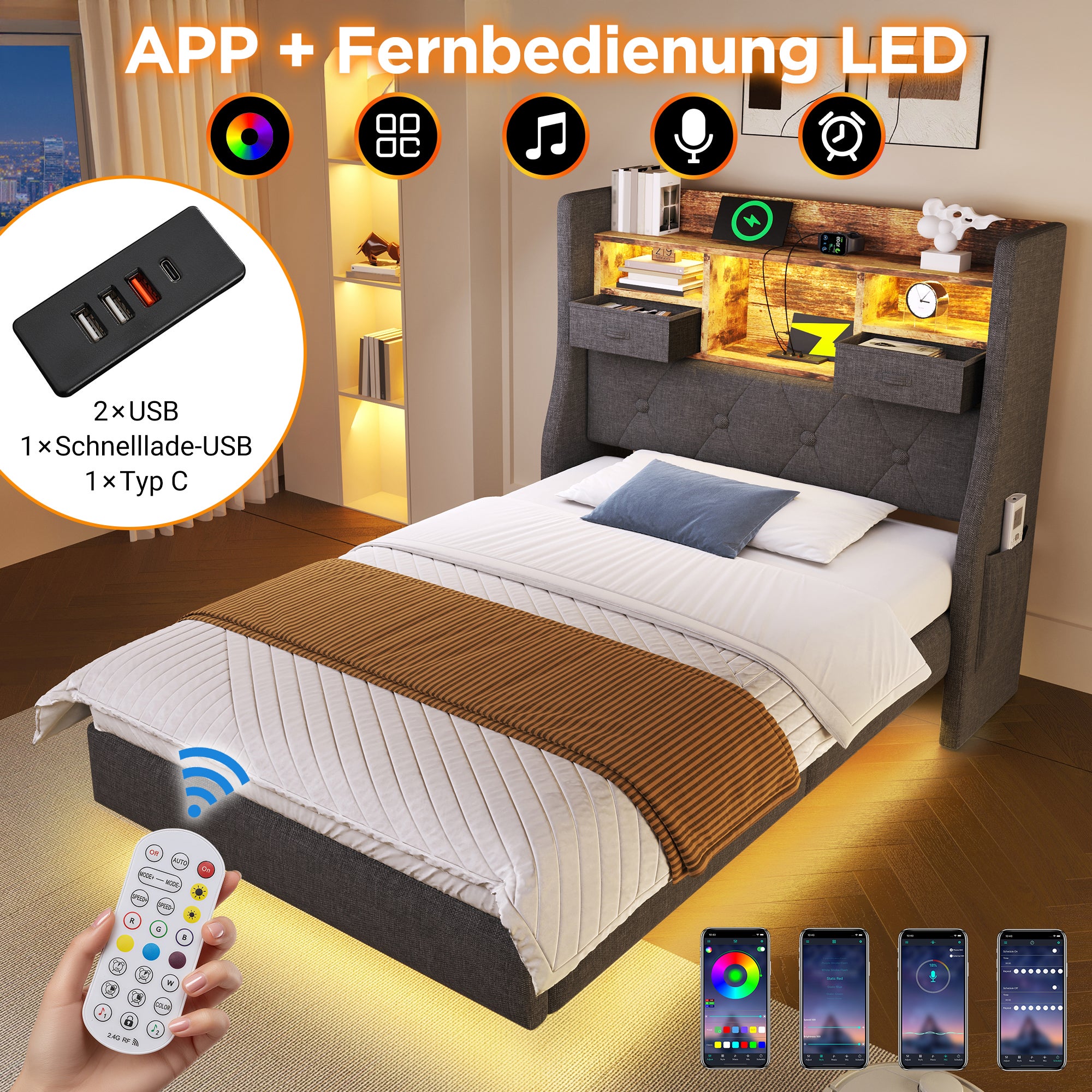 Łóżko tapicerowane 90 x 200 cm z zagłówkiem ze schowkiem - Gniazdo USB i typu C - Tkanina lniana - Diody LED - Szare (bez materaca) - 3