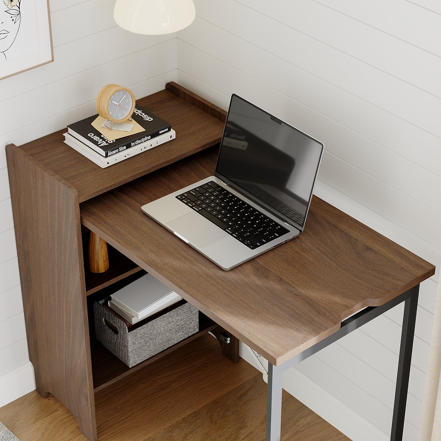 Bureau avec Rangement Pliable avec Aspect du Bois Noyer, Armoire du Bureau avec 2 Compartiments, Salon et Chambre, 99 x 53 x 82 cm - 7
