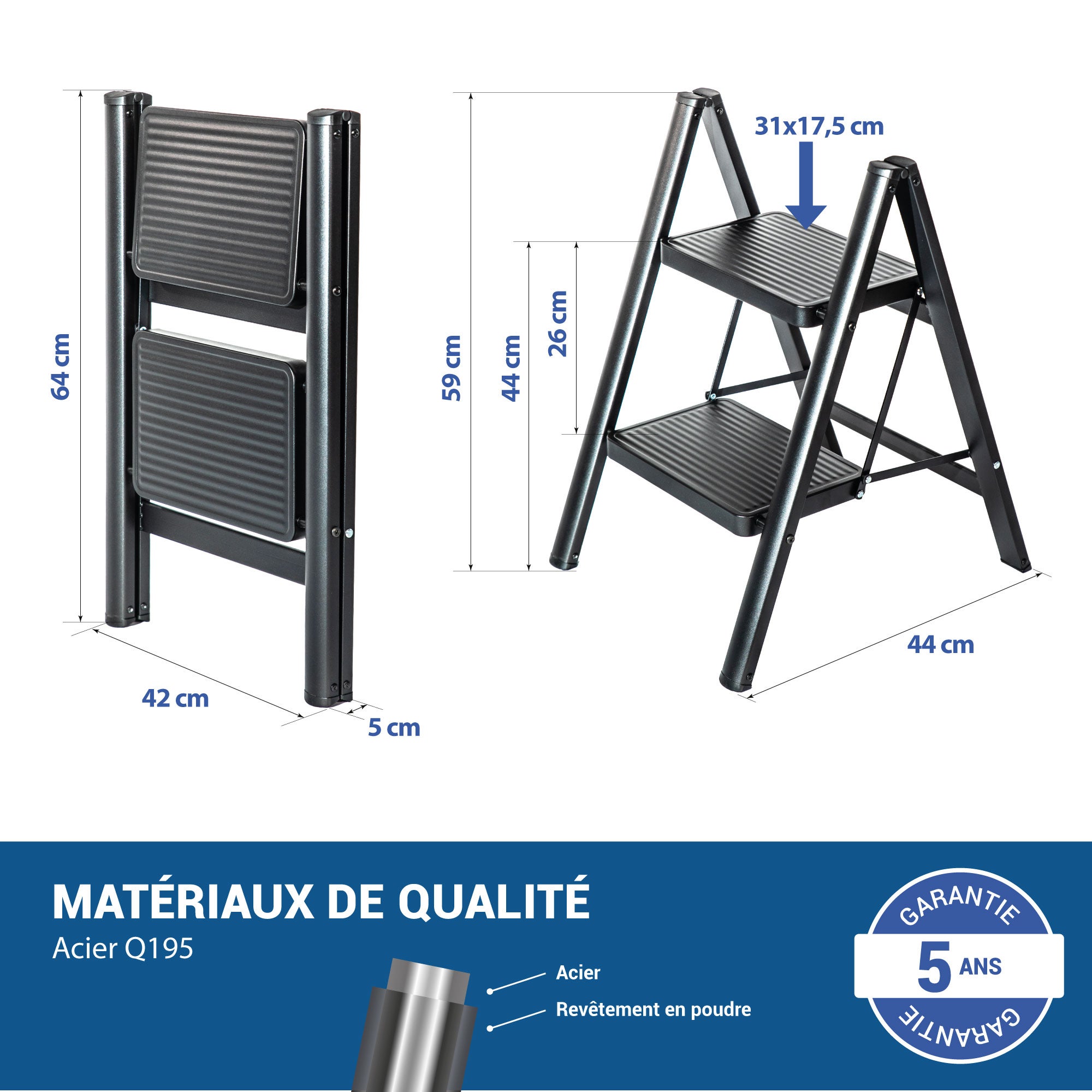 HOSTRÖM Escabeau 2 marches FOLDPACT2, Marche pied pliable, Design ultra-compact, Marches larges 17,5 cm, Acier, Etagère temporaire, Garantie 5 ans - 5