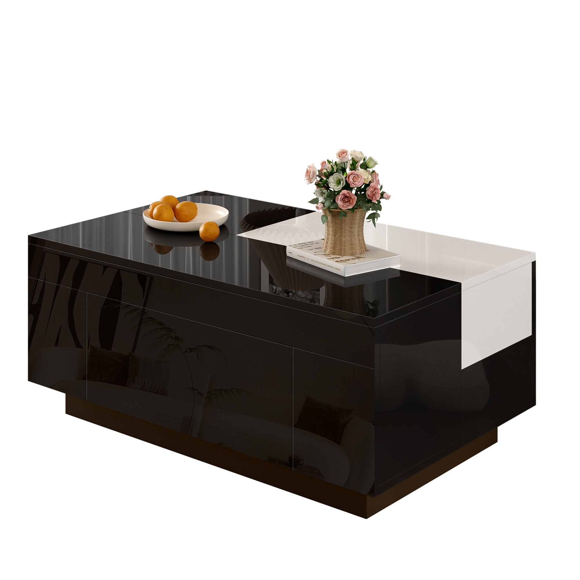 CLIPOP Table Basse Blanche Brillante Avec LED RGB - Table à 2 Niveaux 110x60x39 Cm - Meuble Salon Moderne Avec Éclairage
