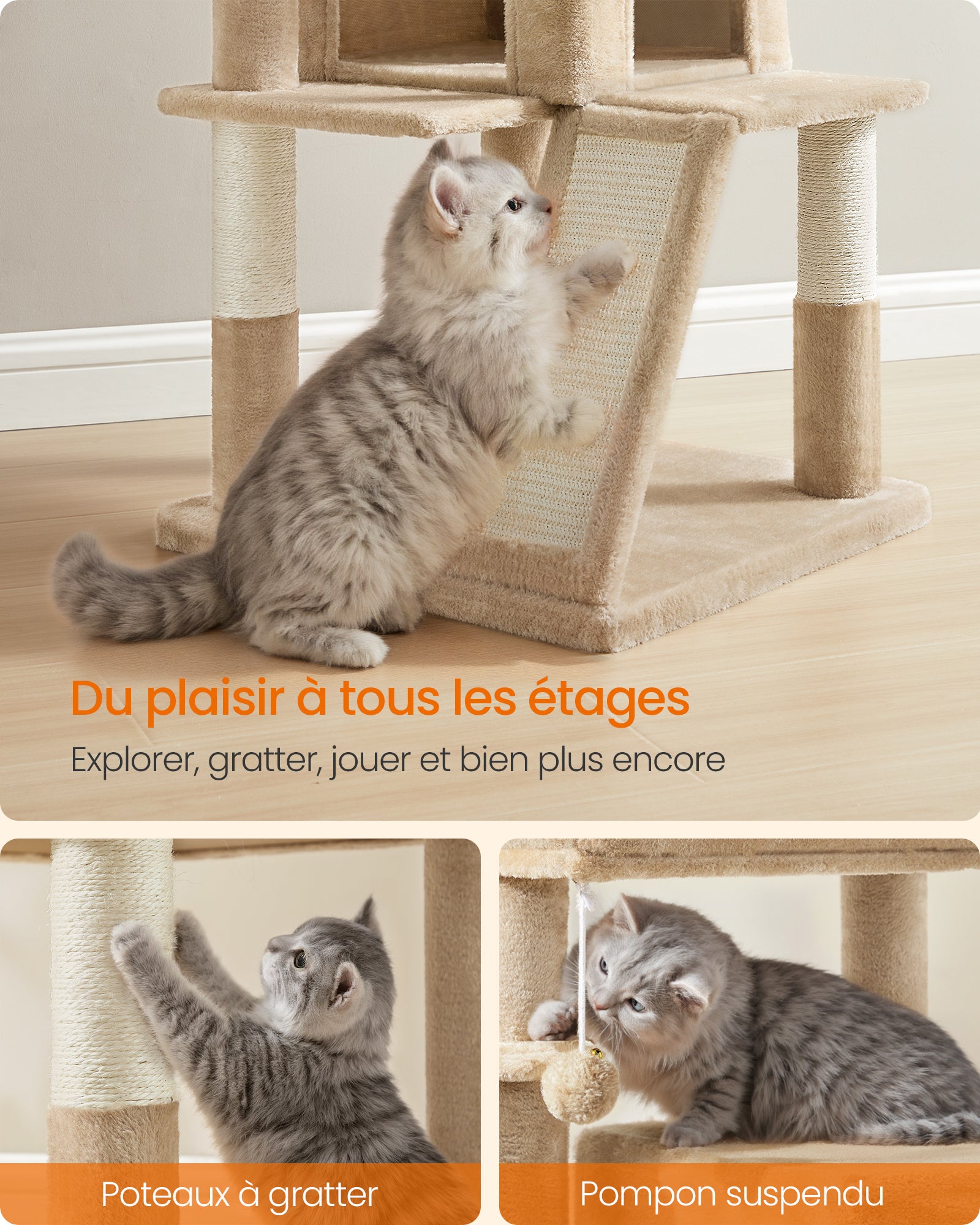 Arbre à Chat, Tour de Jeux, Grand Plate-Forme, Marron Camel - 4