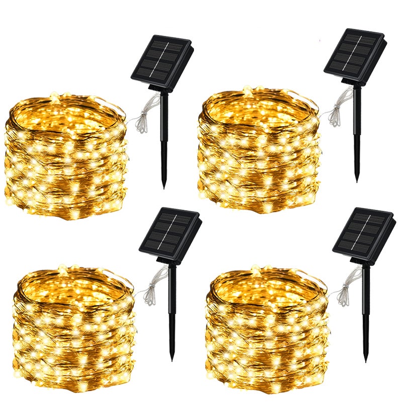4 SZTUK 20 m 200 LED Zewnętrzne światło słoneczne sznurkowe, 8 trybów Wodoodporna dekoracja ogrodowa z drutu miedzianego, ciepła biel