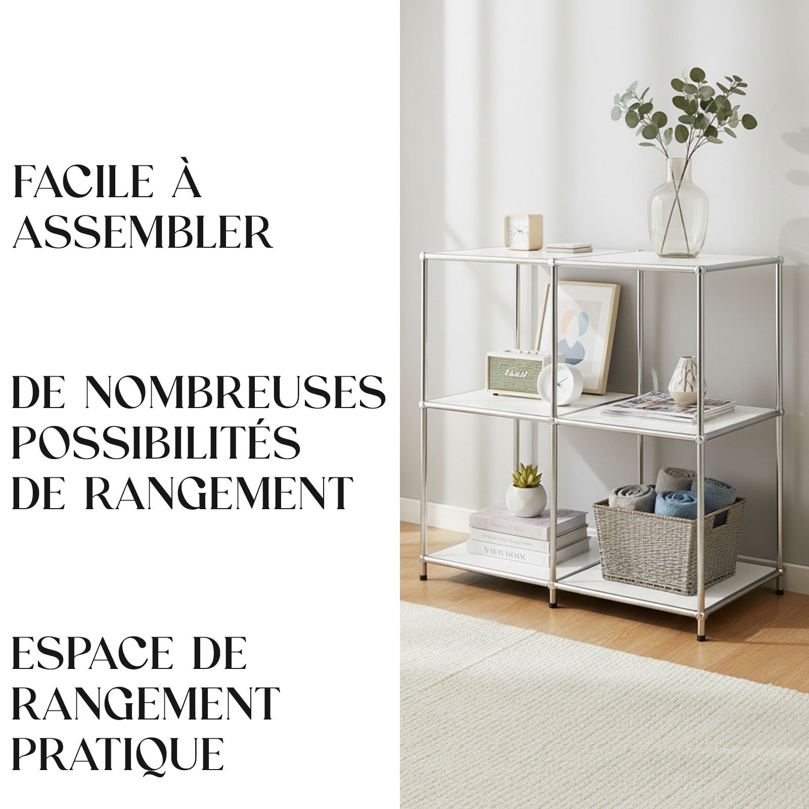 Étagère métal chromé design épuré, Concept Epuré MK-027 : 3 étages, 78 x 40 x 82 cm, Blanc - 5