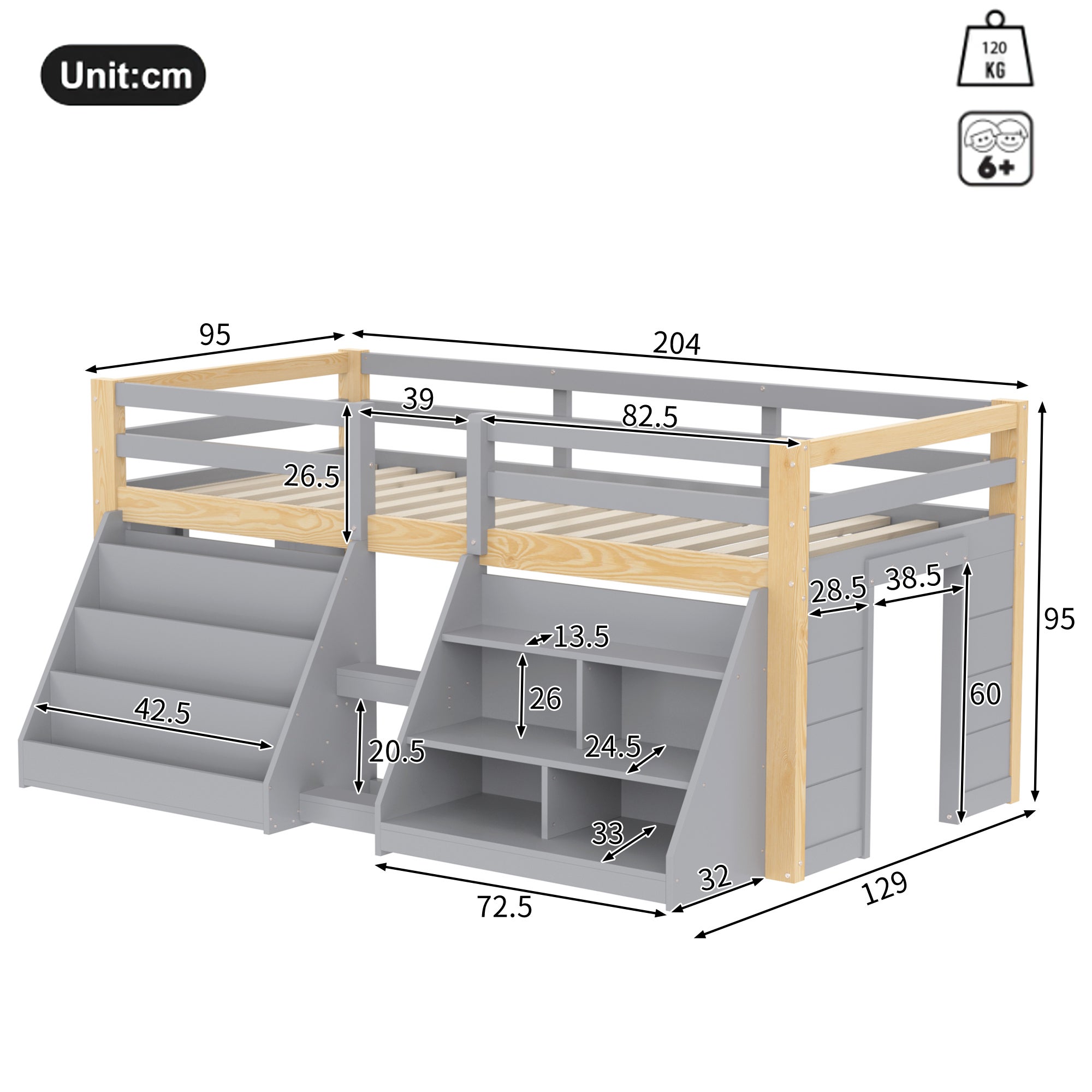 Lit mi-hauteur enfant 90 x 200 cm avec étagères et barrière de sécurité - Pin + MDF + contreplaqué - LEDs - Naturel + gris (Sans matelas) - 9