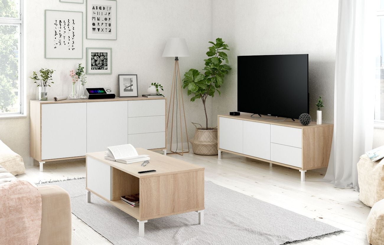 Buffet AMAYA 2 portes et 3 tiroirs L154cm - Blanc / Bois - 3