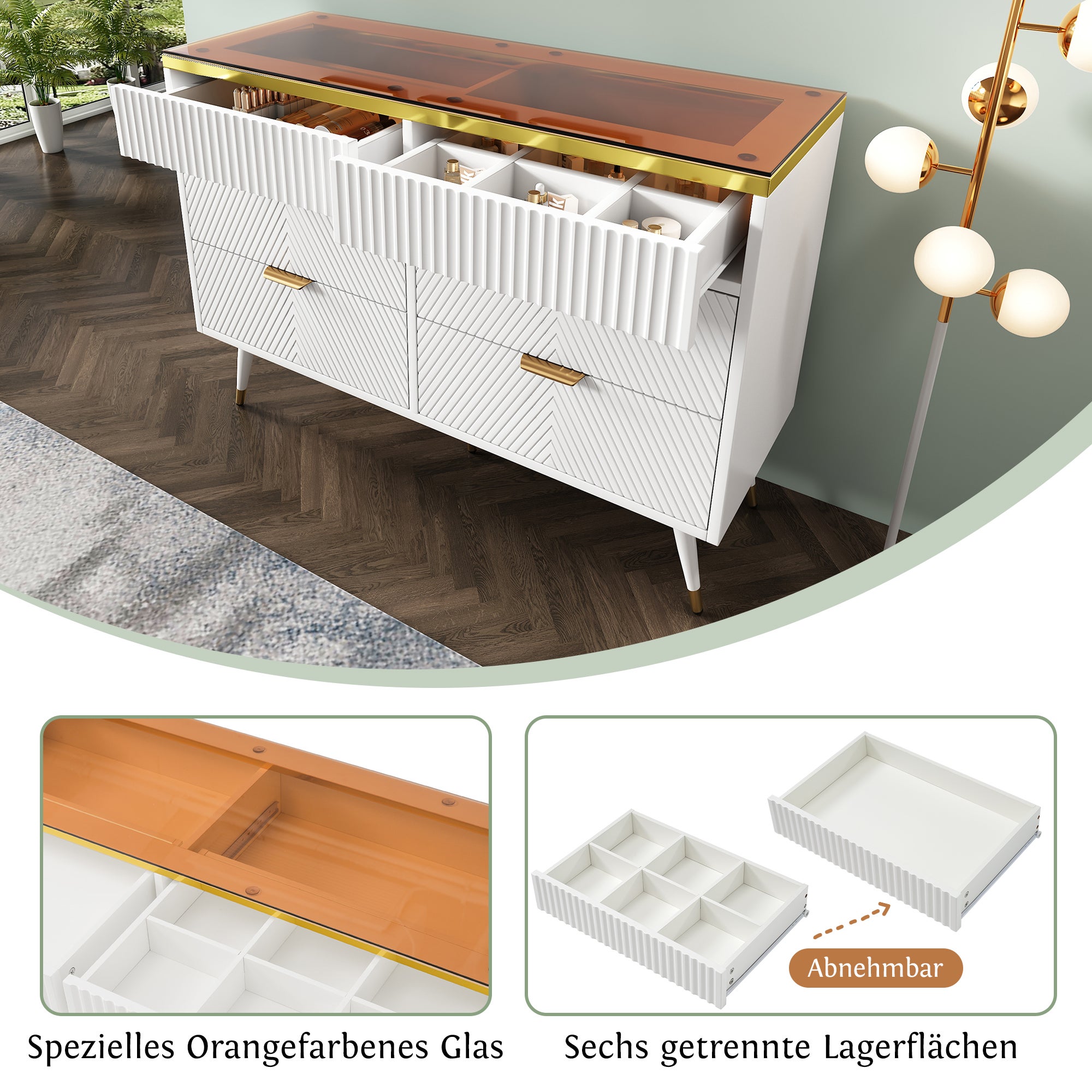 Cassettiera con 6 cassetti - 120 x 40 x 76 cm - vetro ambrato e pannelli di particelle - bianco - 5
