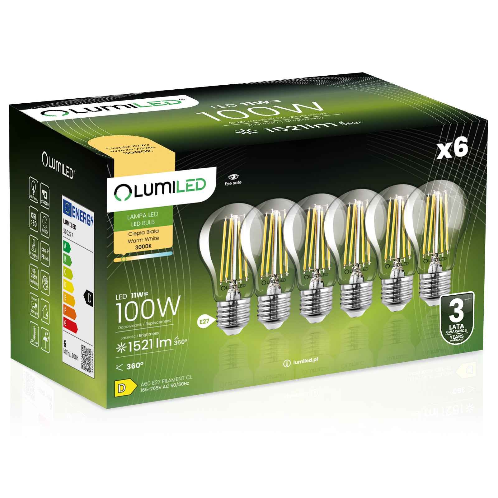 6x Żarówka Lumiled LED E27 A60 11W = 100W 1521lm 3000K Ciepła 360st Filament