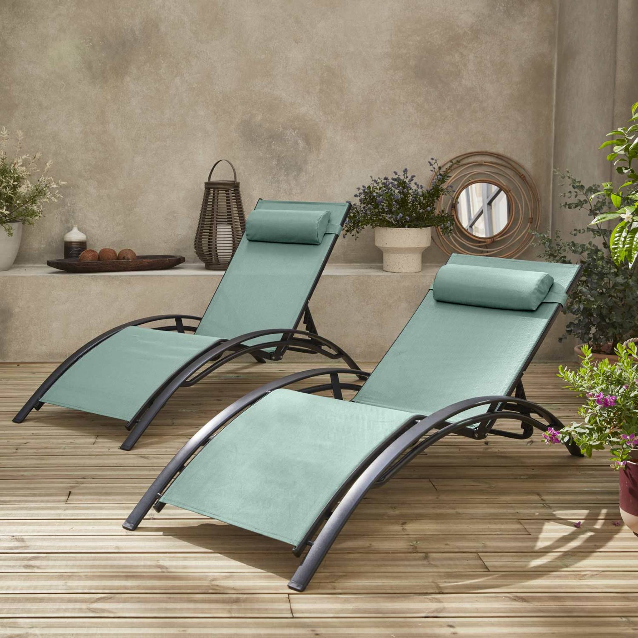 Duo de bains de soleil aluminium - Louisa Vert de gris - Transats aluminium et textilène LOUISA - 2
