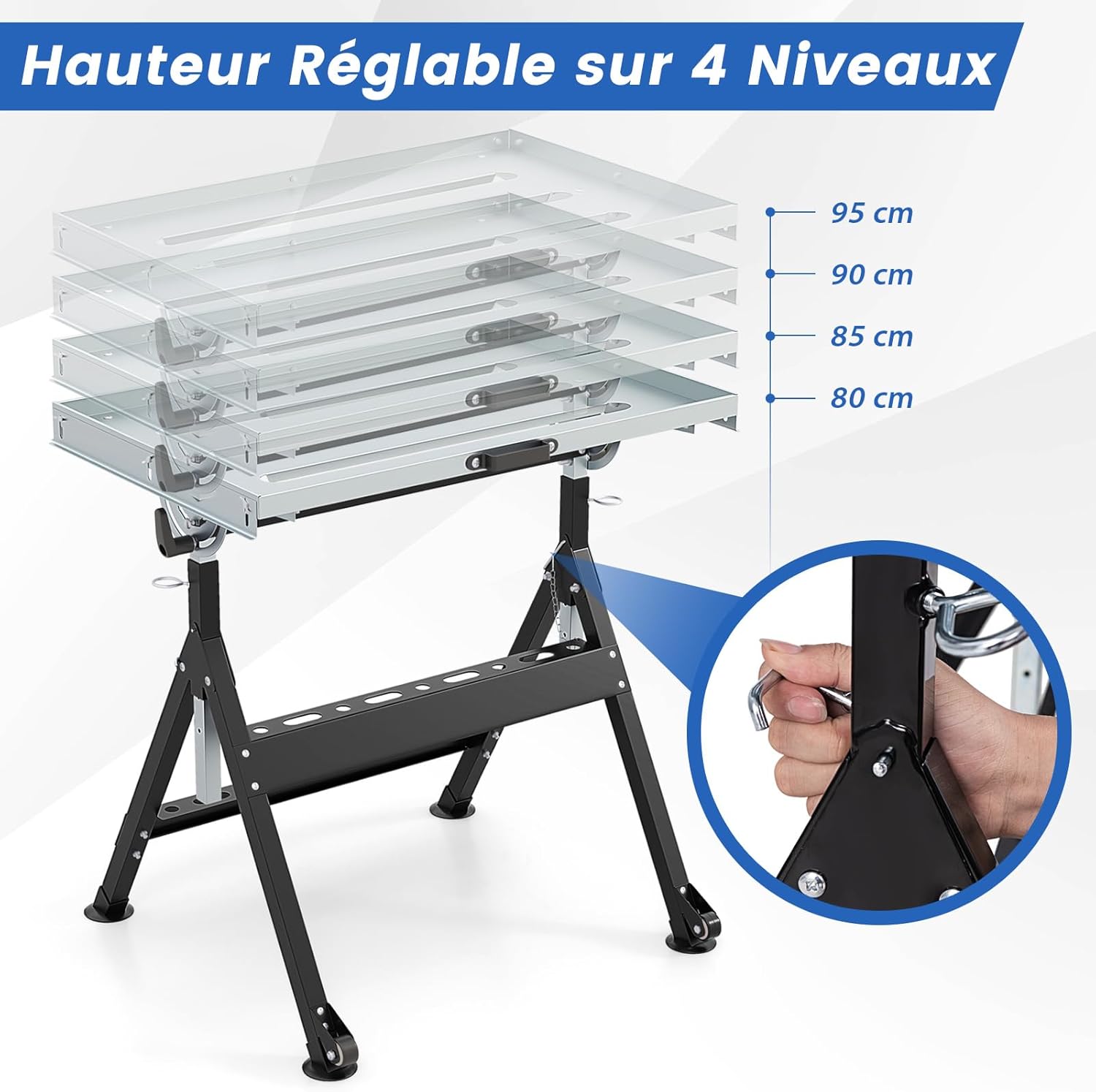 Banco da Lavoro Pieghevole, Tavolo da Lavoro Portatile con Piattaforma Inclinabile e Altezza Regolabile, 2 Ruote, con 3 Slot e 2 Portautensili - 8