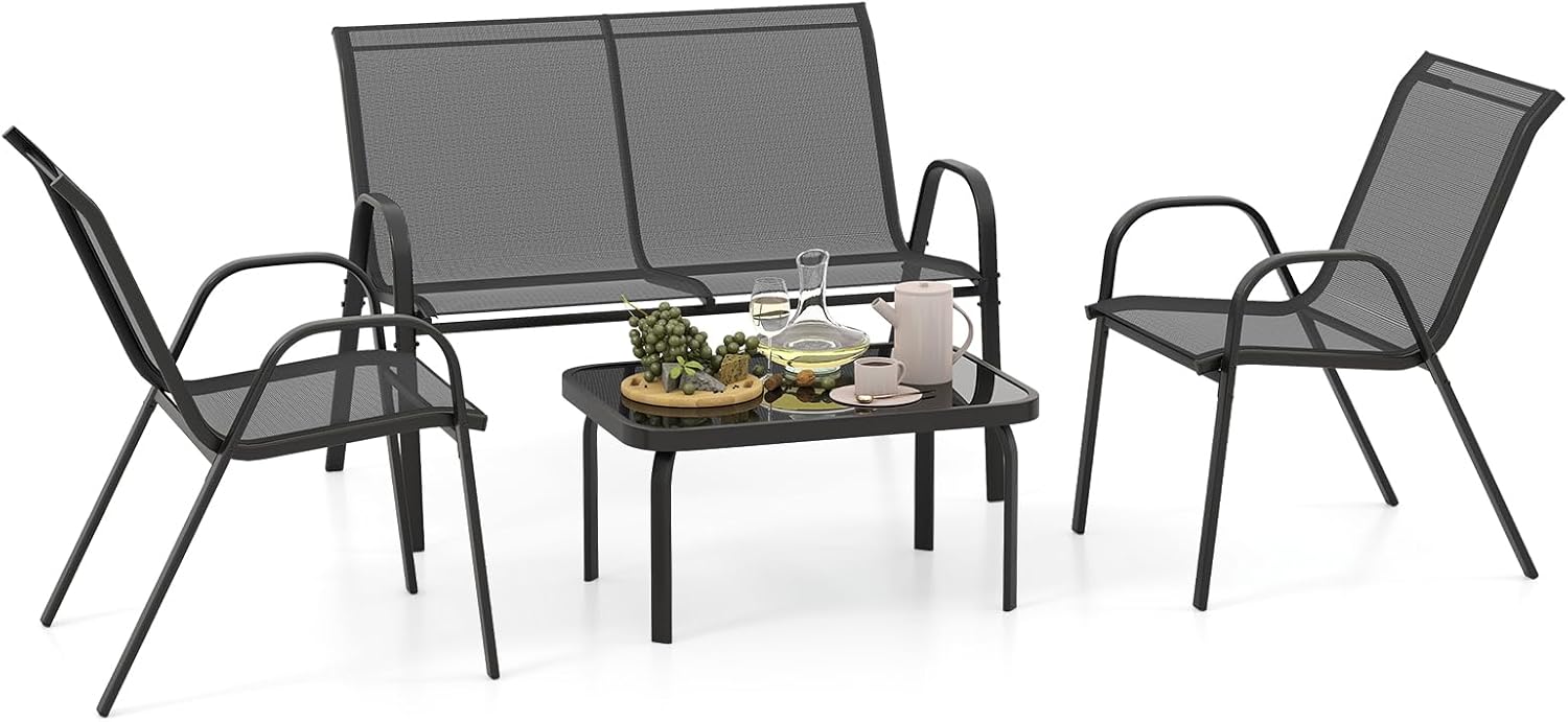 Salon de Jardin 4 Personnes Exterieur, 4 Pcs Canapé Exterieur avec Table Basse en Verre Trempée, 2 Fauteuils,pour Terrasse,Balcon (Gris) - 8