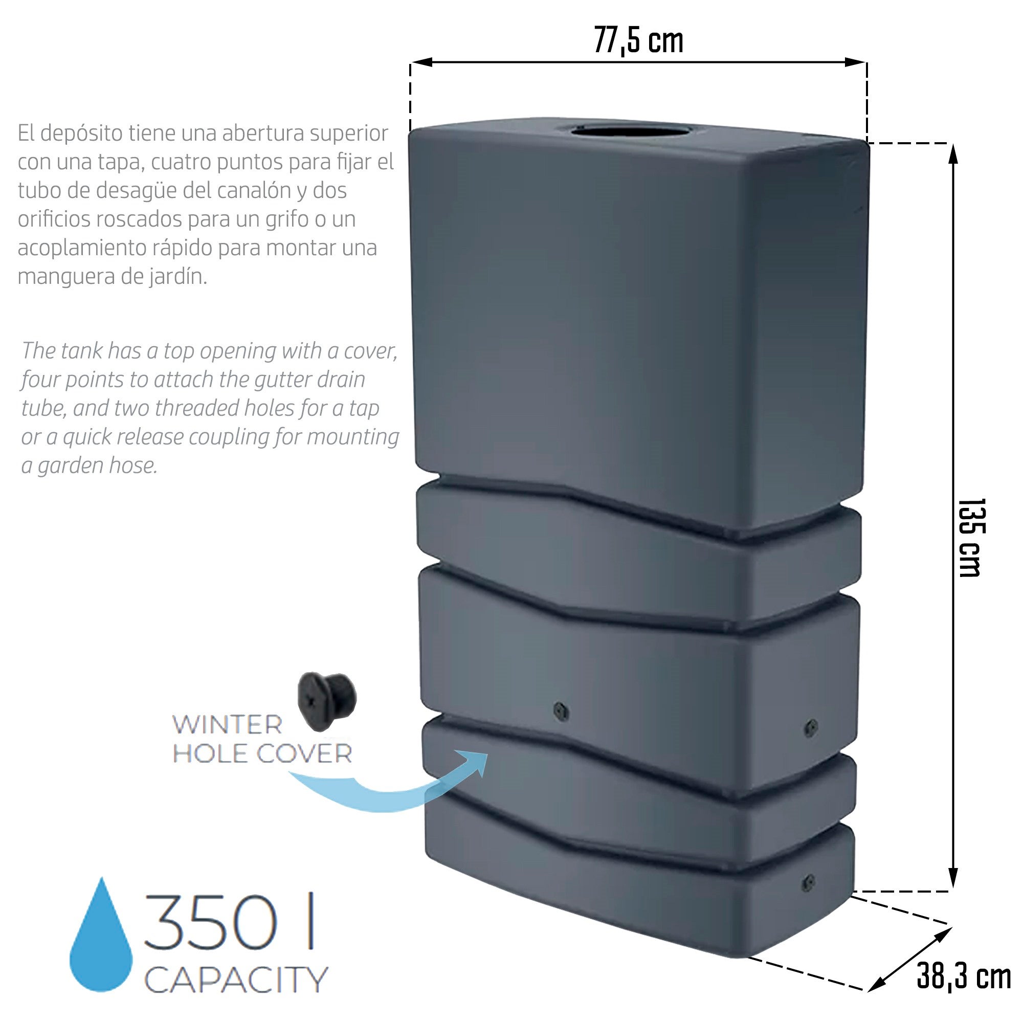 Fût de récupération d'eau 350L., D.77,5x38,3x13,50 en plastique anthracite - 2