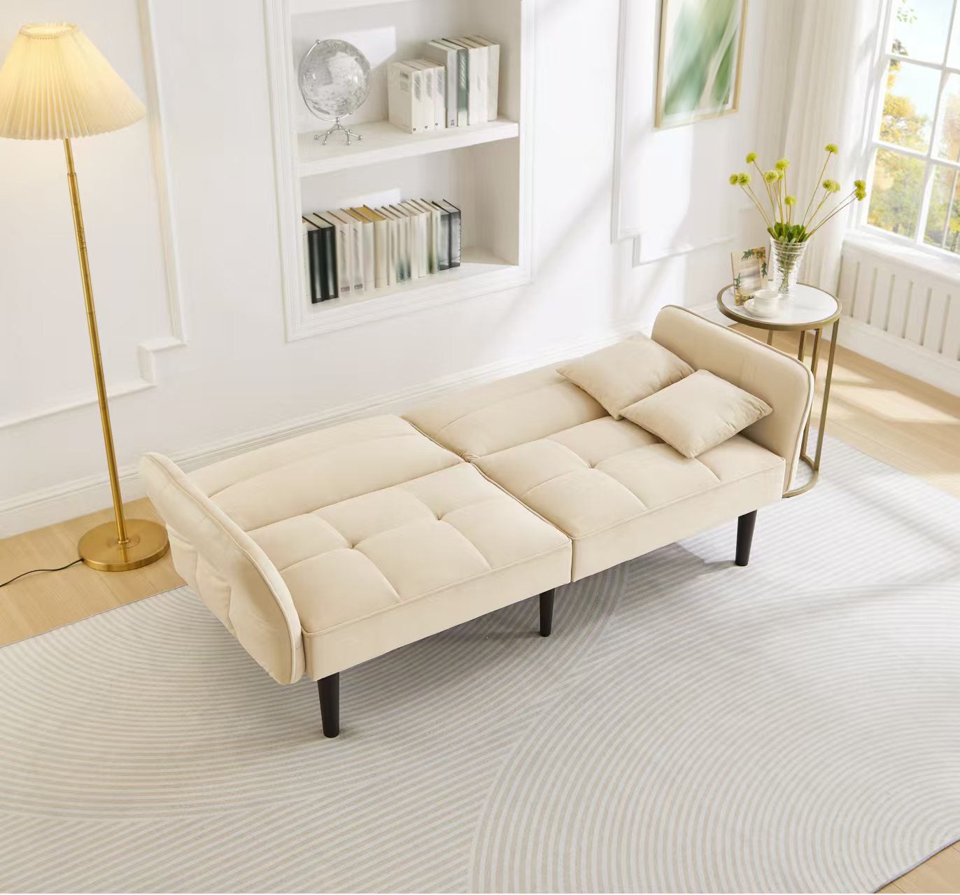 Divano 2 Posti Clic-Clac 176x78x76 cm, Braccioli, Piedi Legno, Schiuma e Velluto, Beige - 2