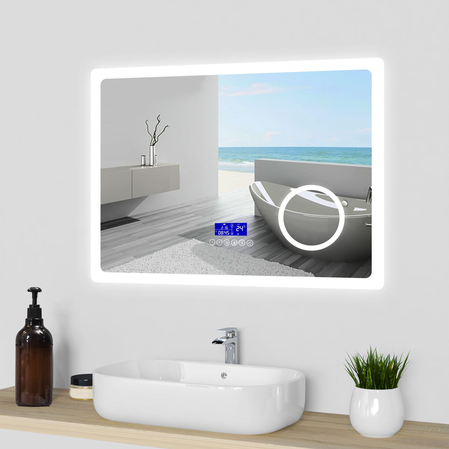 Essbhach Specchio Da Bagno Con Luce LED 70x50 Cm - Antiappannamento, Touch, 3 Colori Luce E Dimmerabile - Vetro Temperato Con Telaio In Alluminio