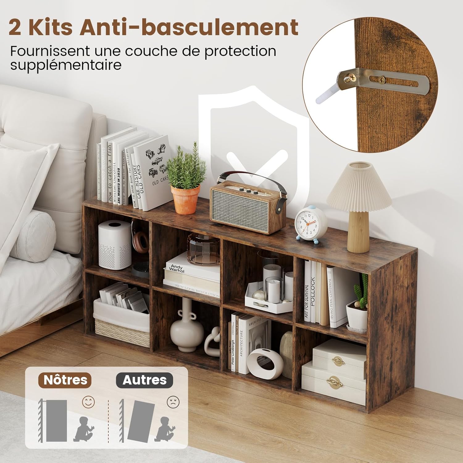 Bibliothèque d'Exposition à 2 Niveaux avec 8 Cubes, Étagère de Rangement Autoportante avec 2 Kits Antibasculement (Marron Rustique) - 7