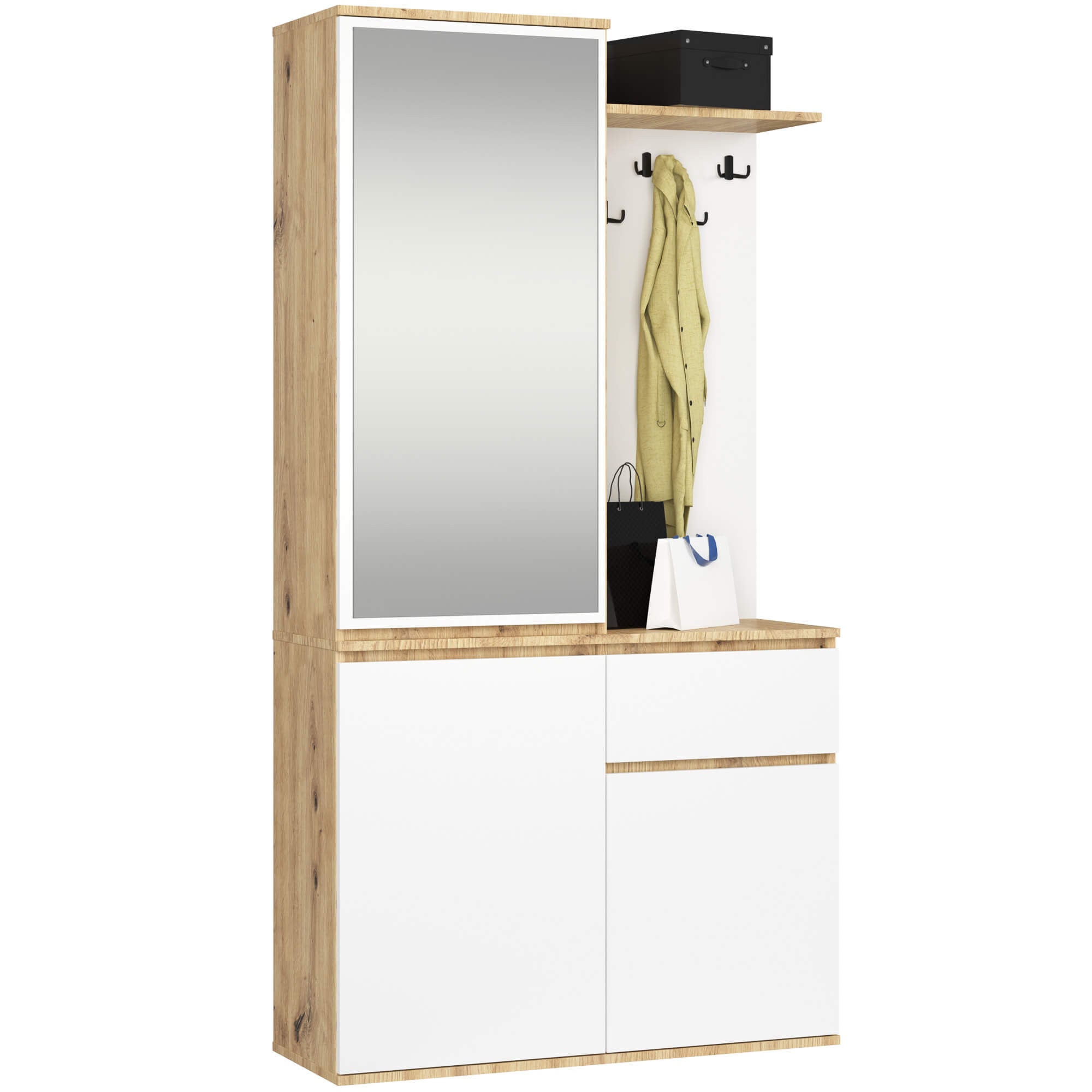 Zestaw do przedpokoju z lustrem AKORD ENTRO Dąb Artisan, Biały 95 cm 1 szuflada 3 drzwi 7 półek 95x35x183 cm