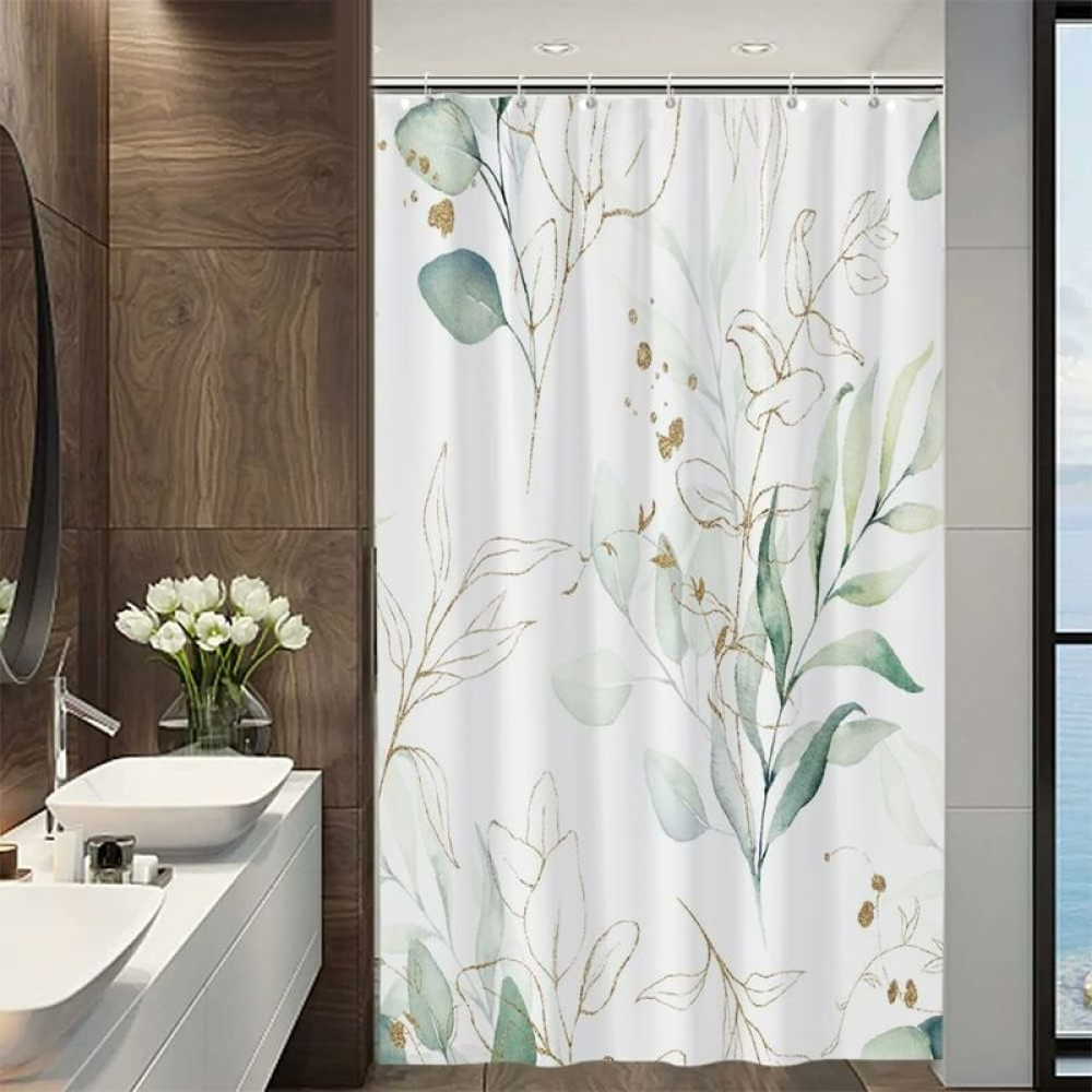 Cortina De Baño Con Estampado De Hojas De Eucalipto - 92x183 Cm, Poliéster Impermeable, Incluye 6 Ganchos - Verde