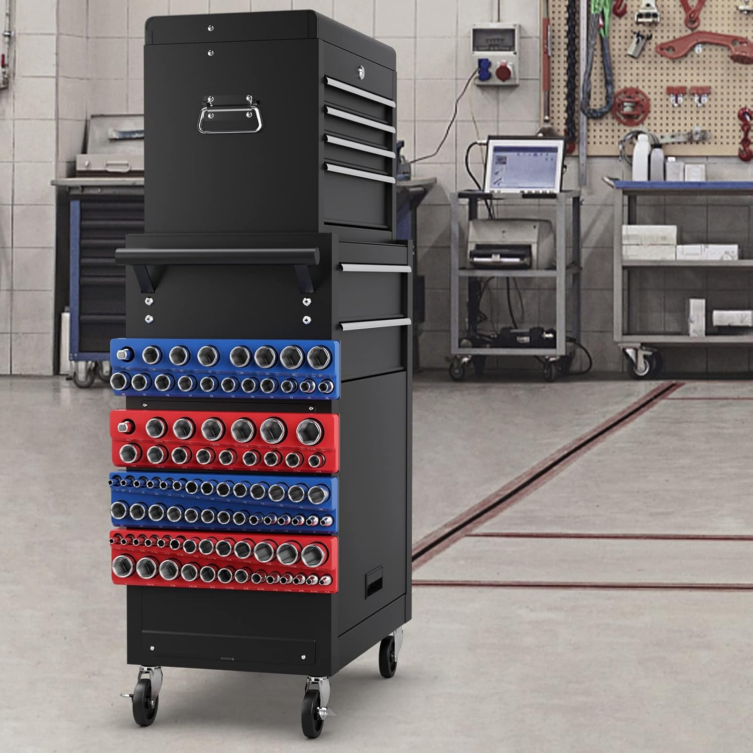 Jeu 3 Organisateurs De Douilles Magnétiques WORKPRO - 1/4, 3/8, 1/2 Pouce, Rouge+bleu