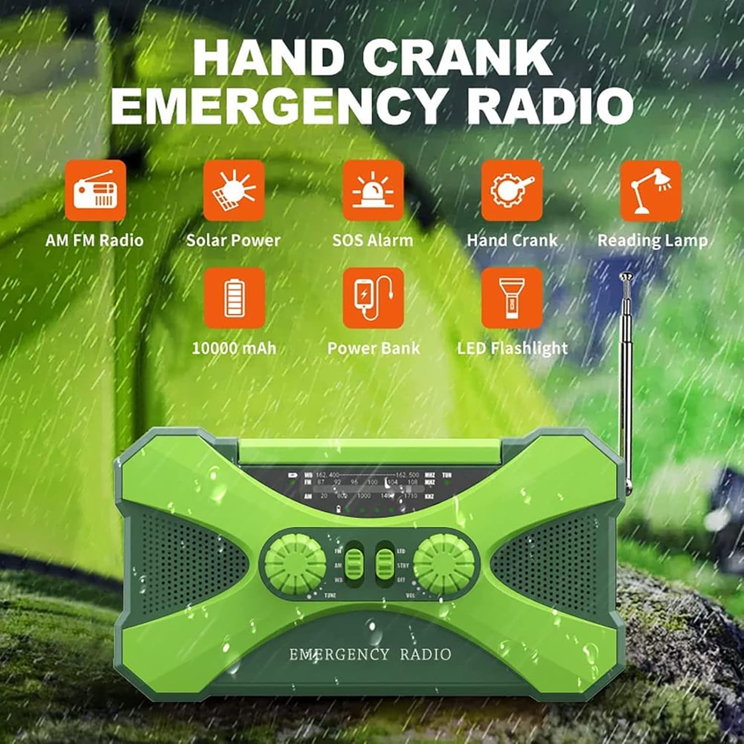 Radio solar 10000mAh, manivela, linterna LED, alarma SOS, cargador de teléfono, ideal para emergencias y actividades outdoor. - 2