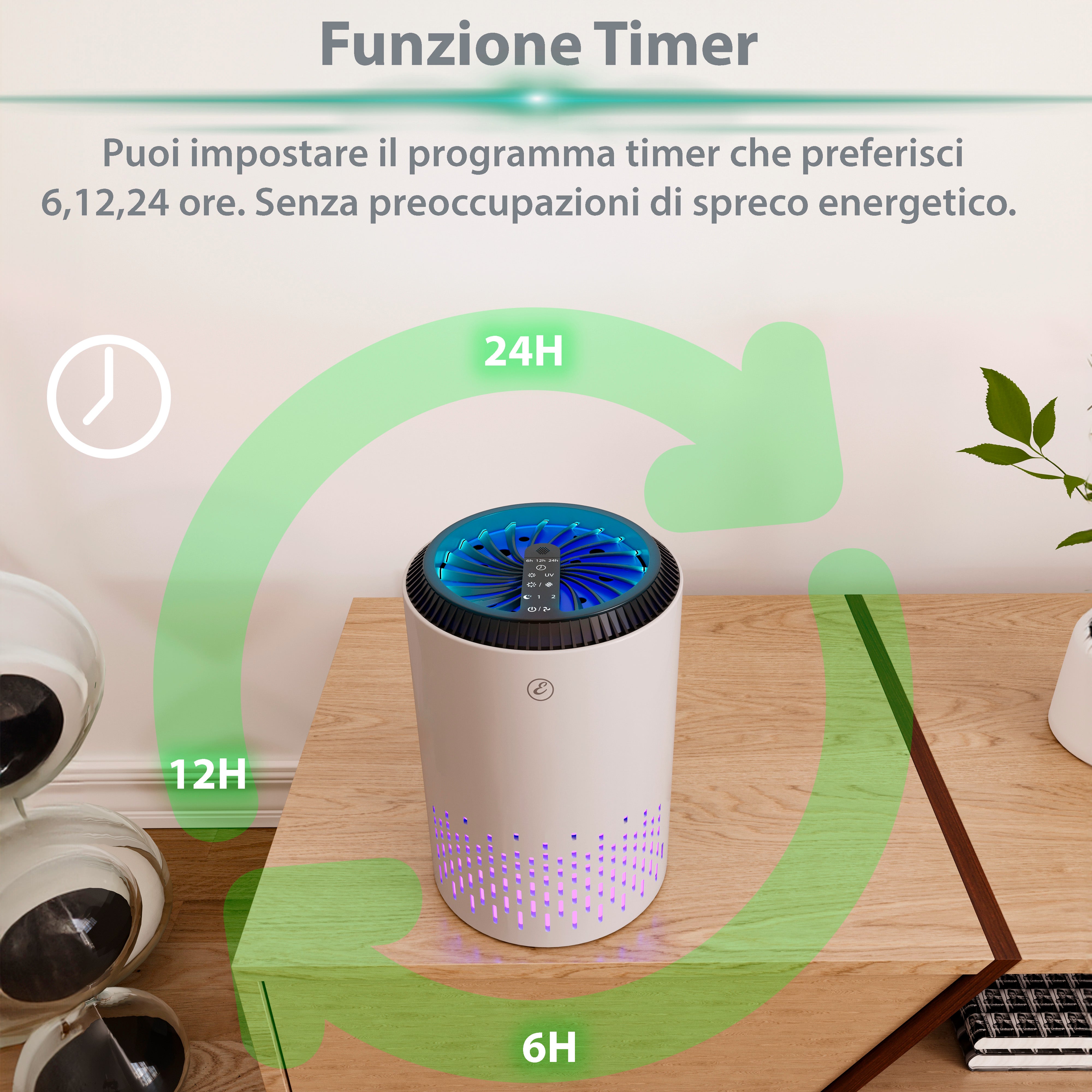 Purificatore Aria Portatile Air Purifier Filtro Hepa H13 22 Watt Elimina Odori Pollini Polvere Con Timer Camera Letto Soggiorno Bagno Ufficio 20 Mq - 6
