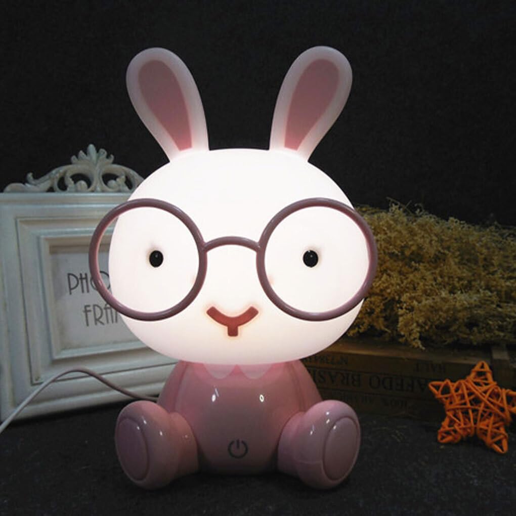 Lâmpada de coelho fofa com óculos sensor de toque LED proteção para os olhos desenho animado mesa luz noturna para crianças, rosa - 4