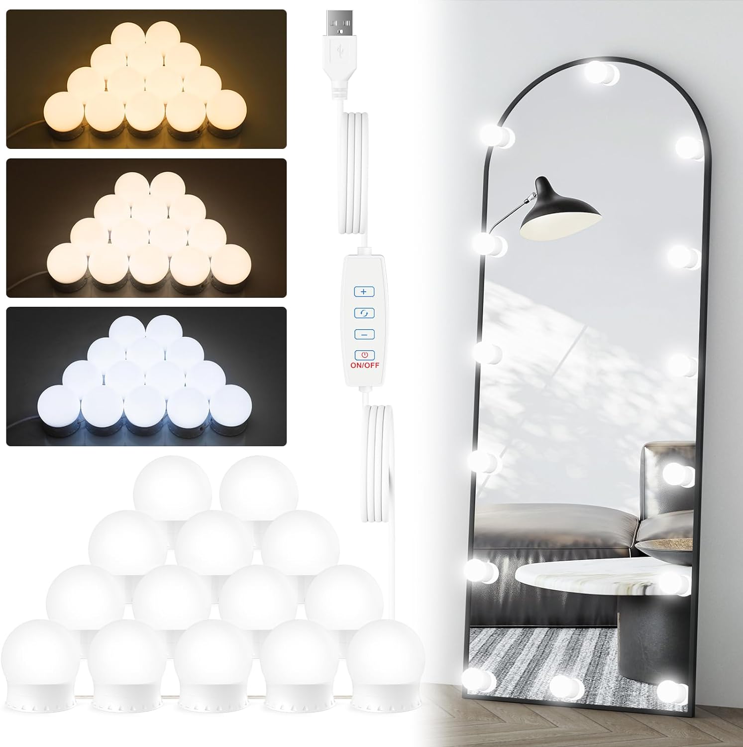 Lumière de Miroir, 14 Żarówek do Makijażu przy Toaletce, Ściemniana Lampa LED Hollywood do Lustra, Lampa do Toaletki USB z Przełącznikiem, 3 Barwy