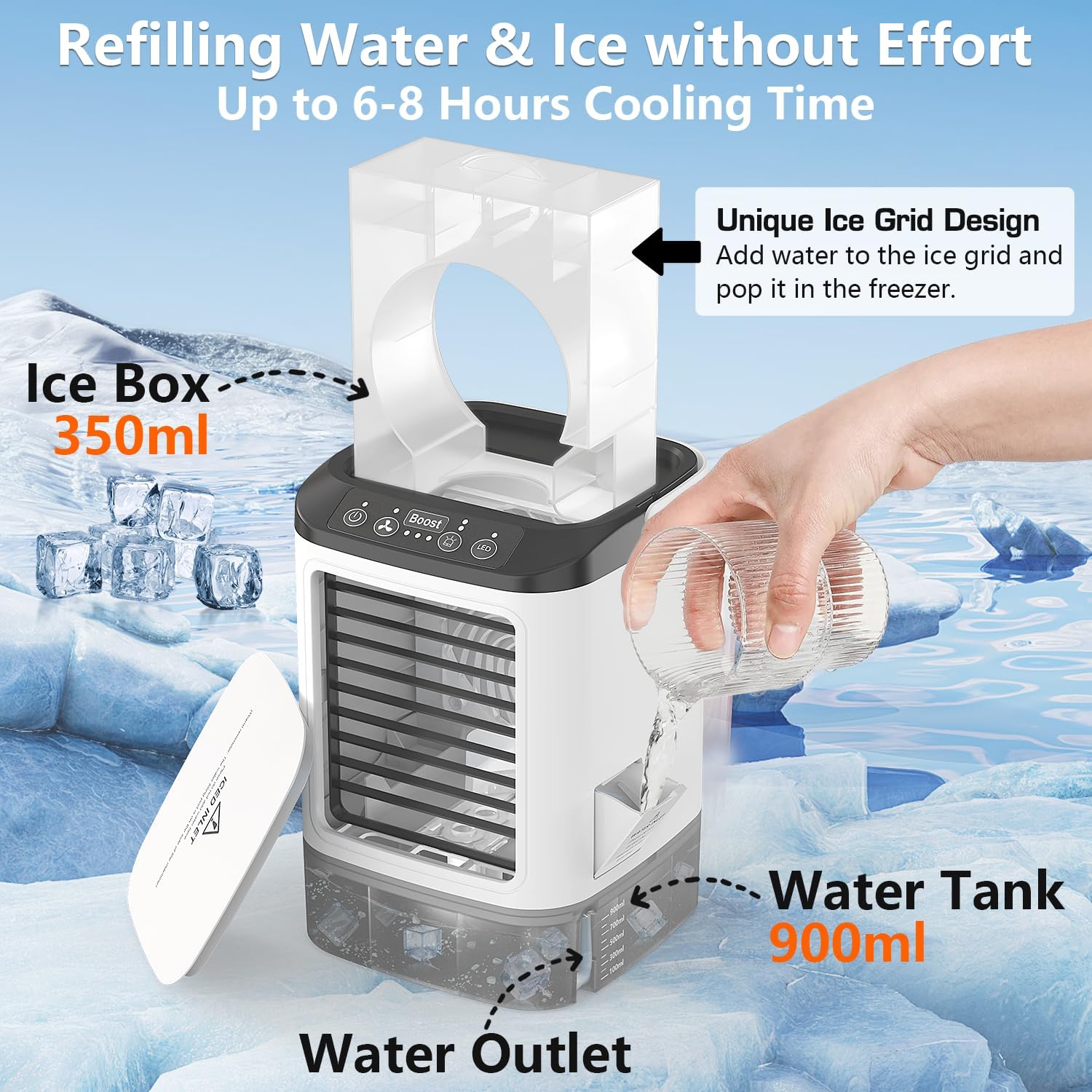 Climatiseur portable, mini refroidisseur d'air, réservoir d'eau de 900 ml avec glacière, ventilateur humidificateur 4 en 1, 3 vitesses de vent - 3