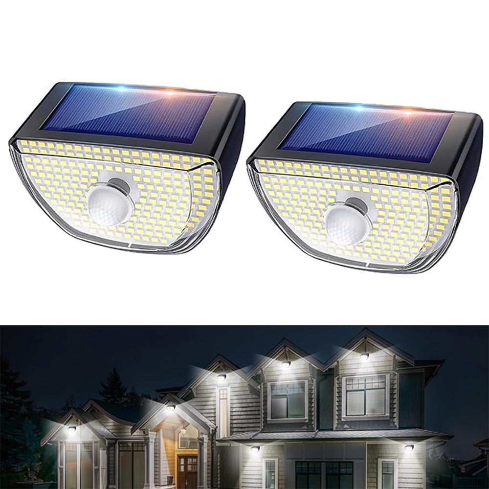 Zewnętrzne lampy solarne LED 200 z 3 trybami oświetlenia, lampy solarne z czujnikiem ruchu, wodoodporne lampy solarne – ZESTAW 2 SZTUKI