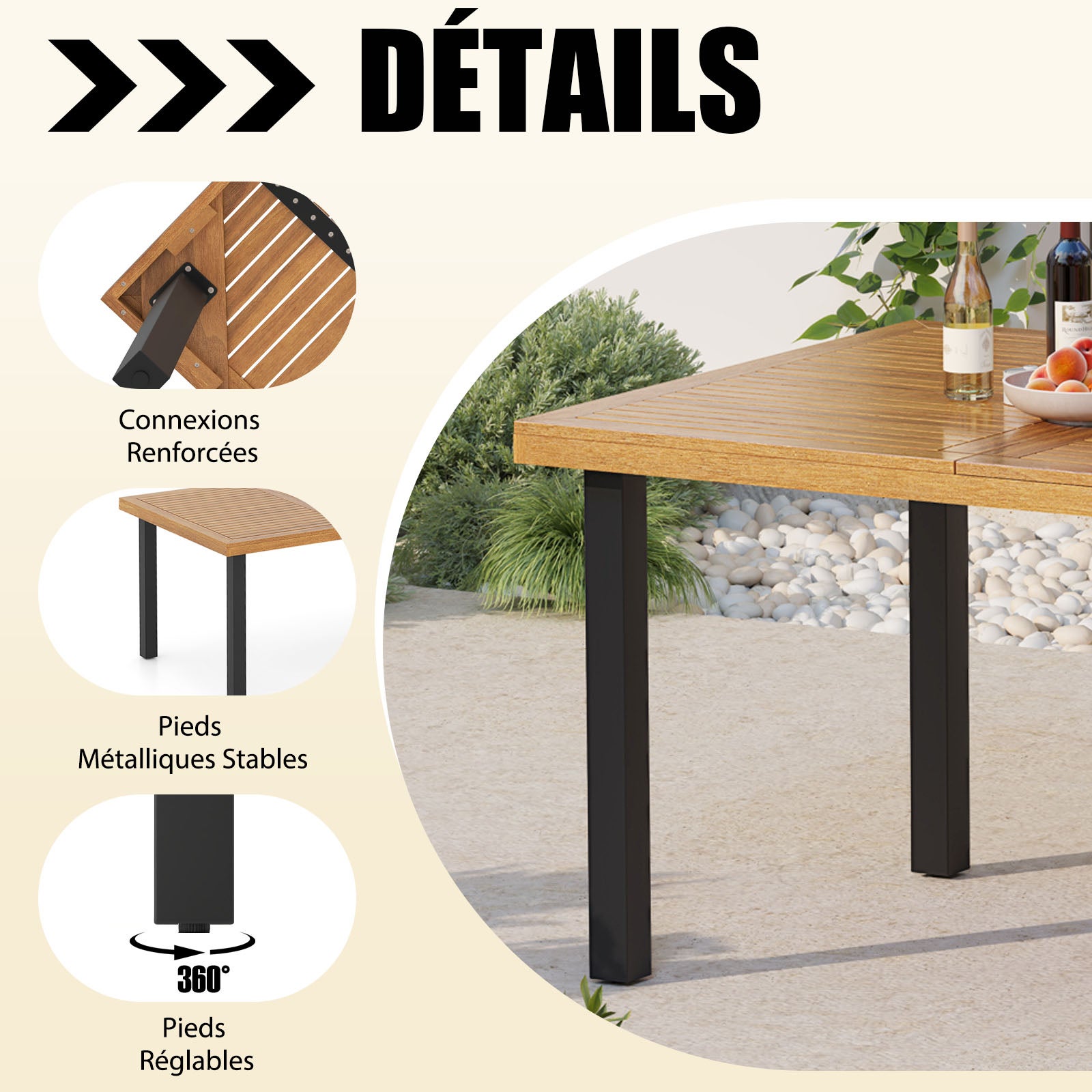 Table à Manger Extérieur en Bois d'Acacia Certifié FSC pour 8 Personnes, Table 200x100 cm avec Trou pour Parasol 5 cm, Pied en Métal - 6