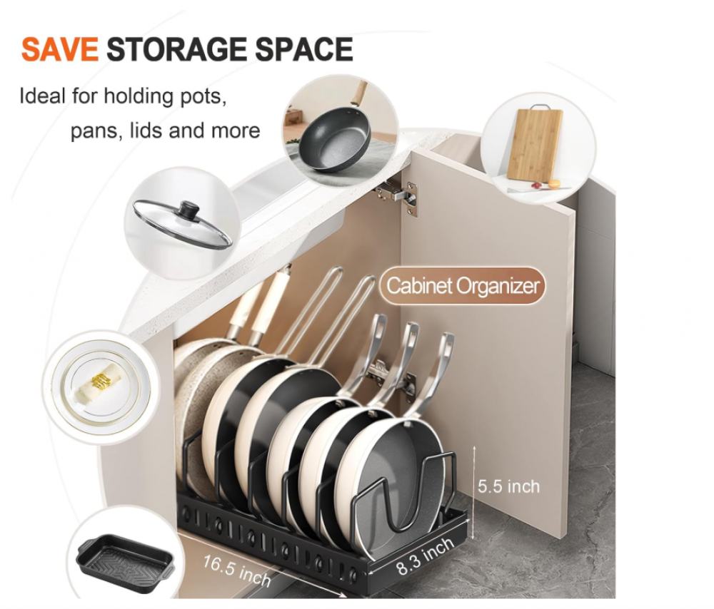 Support de rangement noir pour casseroles et poêles sous armoire, support coulissant pour couvercles de casseroles et poêles de cuisine - 2