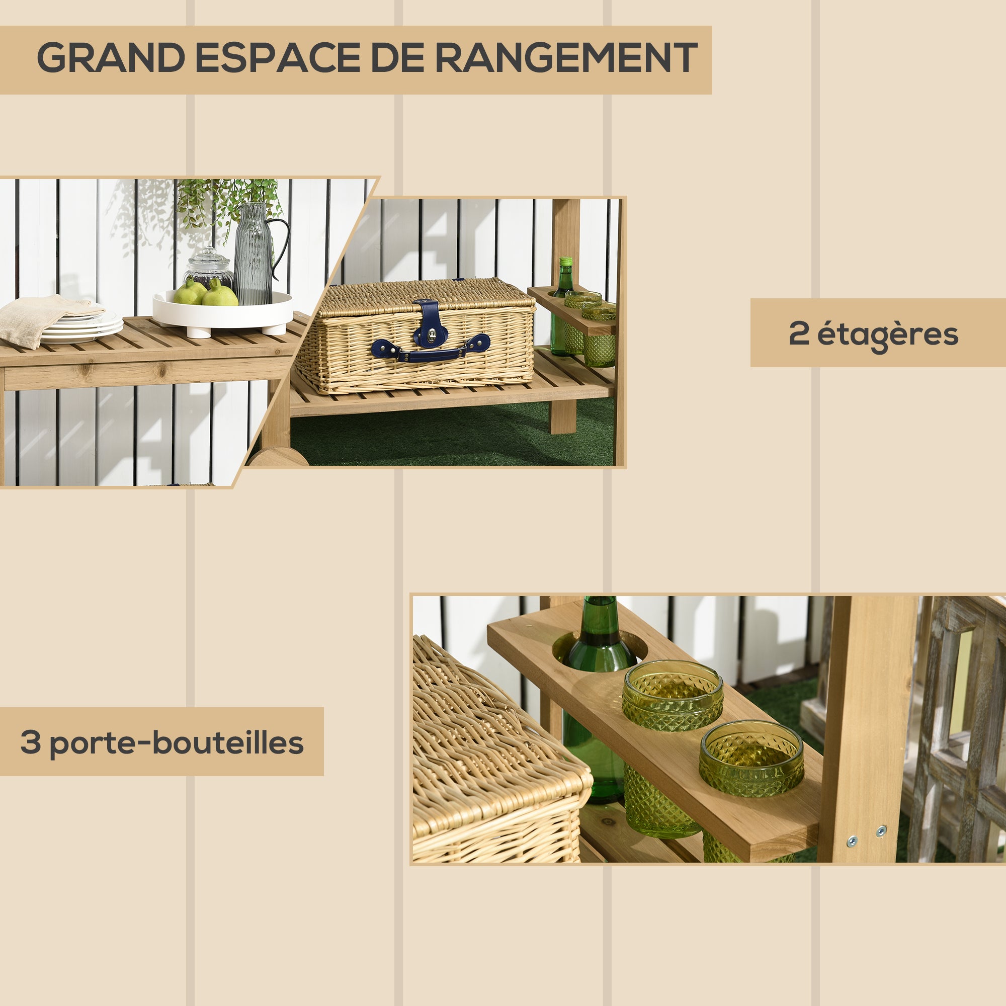 Desserte de jardin chariot pour plancha barbecue en bois avec poignée 2 plateaux et porte-bouteilles 95 x 47 x 74 cm - 6